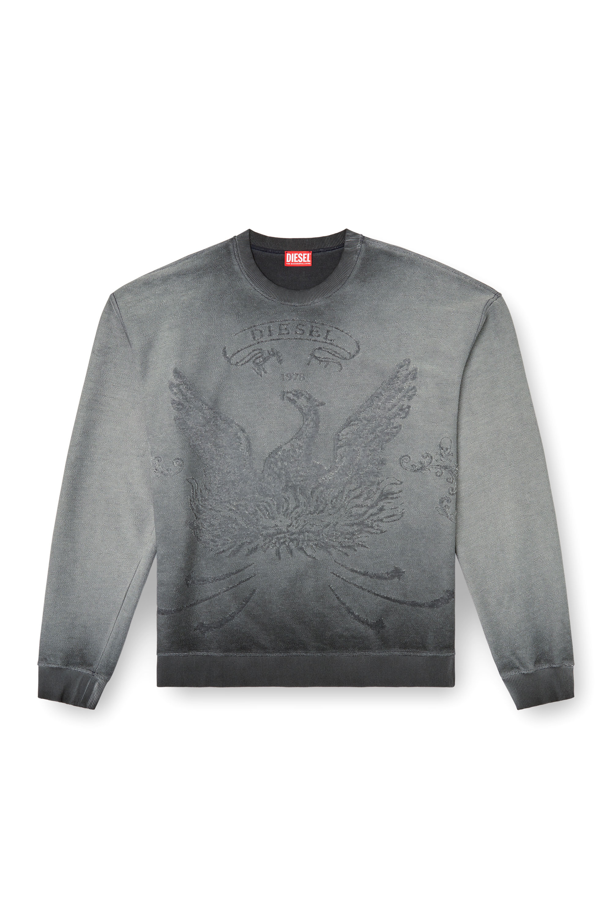 Diesel - S-ARON, Man's Faded sweatshirt with devor&eacute; Phoenix logo in Grey - 2