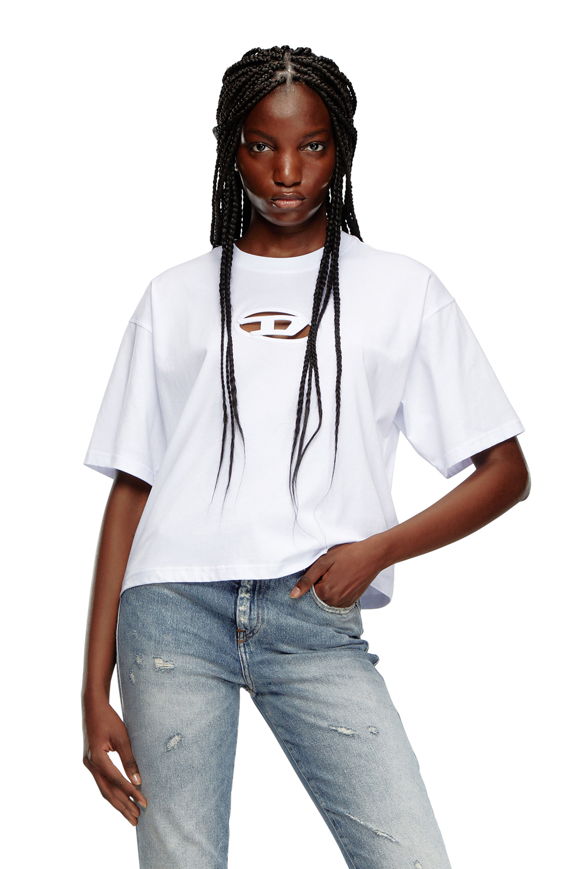 Diesel - Kastiges T-Shirt mit ausgeschnittenem Oval D-Logo - T-Shirts - Damen - Weiss