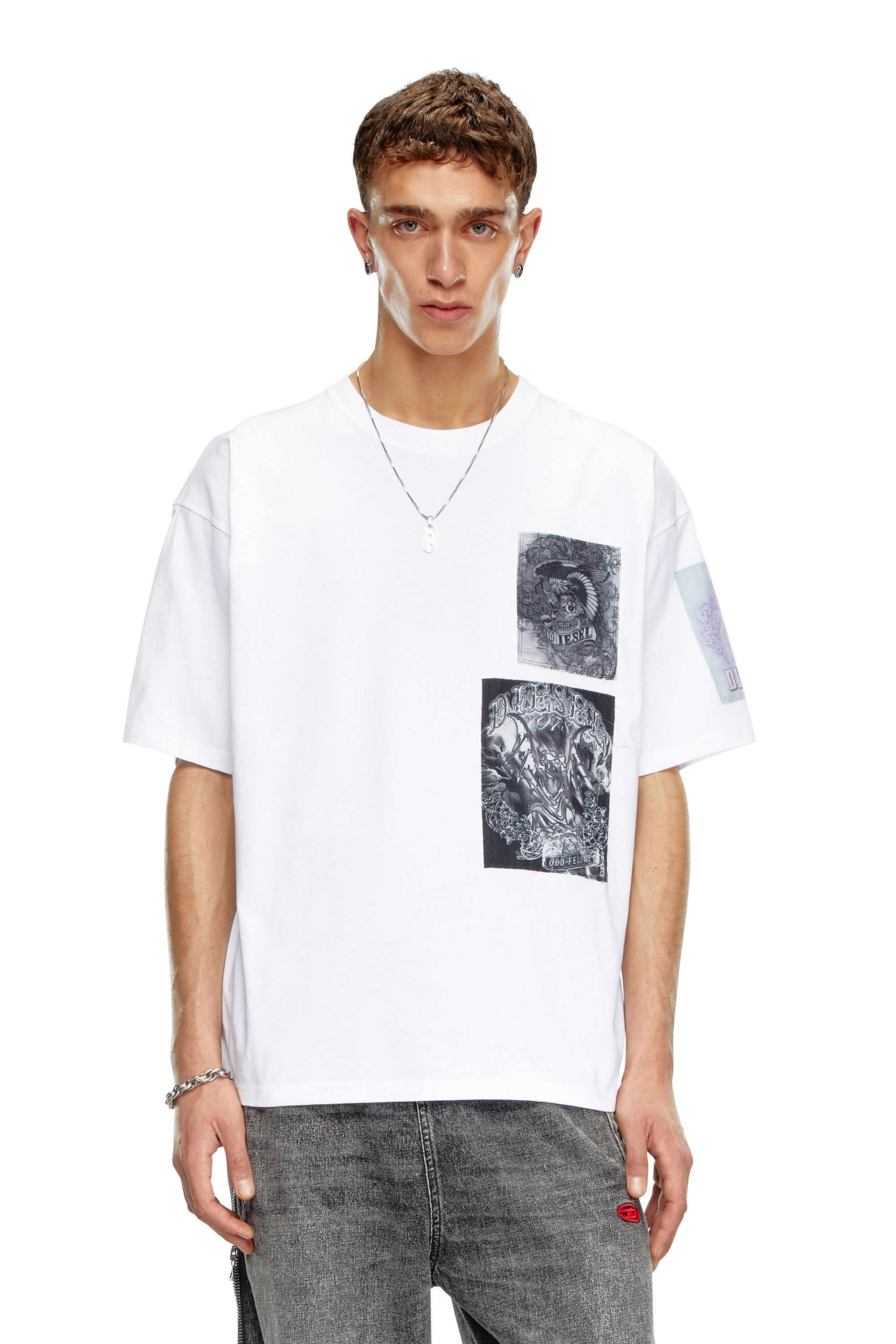 Diesel - T-shirt con patch stampate e sfrangiate - T-Shirts - Uomo - Bianco