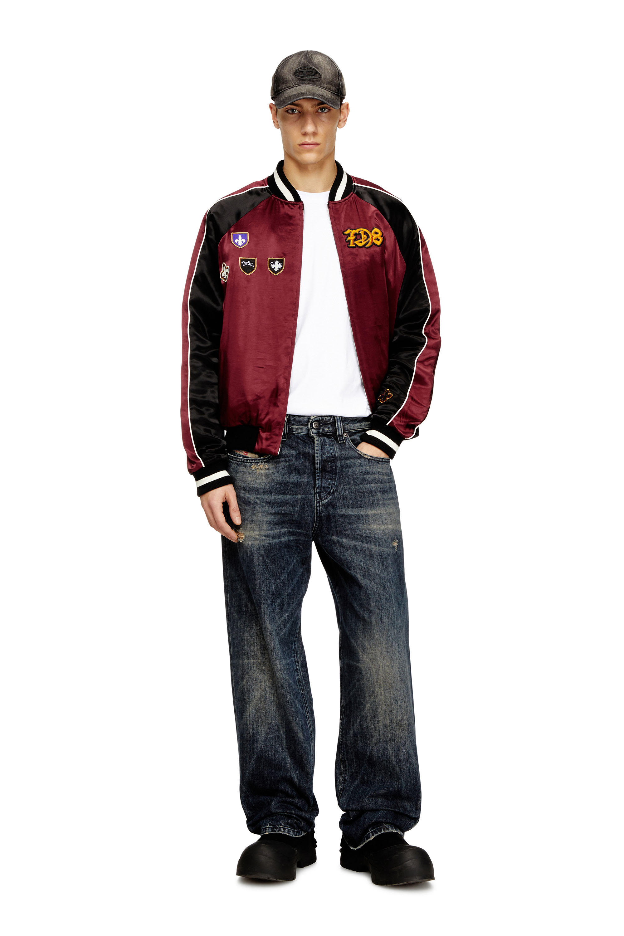 Diesel - J-FOULKES-CP, Man's Satin souvenir jacket in Black/Red - 1