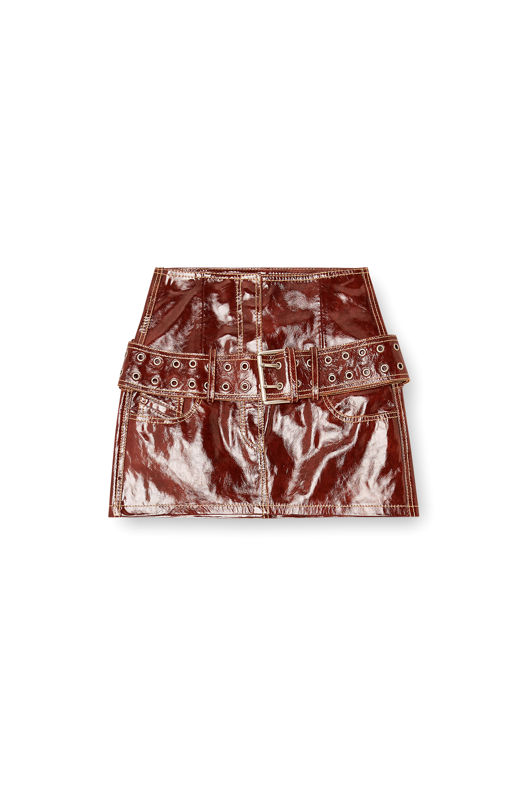 Diesel - L-EVANT, Woman's Patent-leather miniskirt with belt in Brown - 2