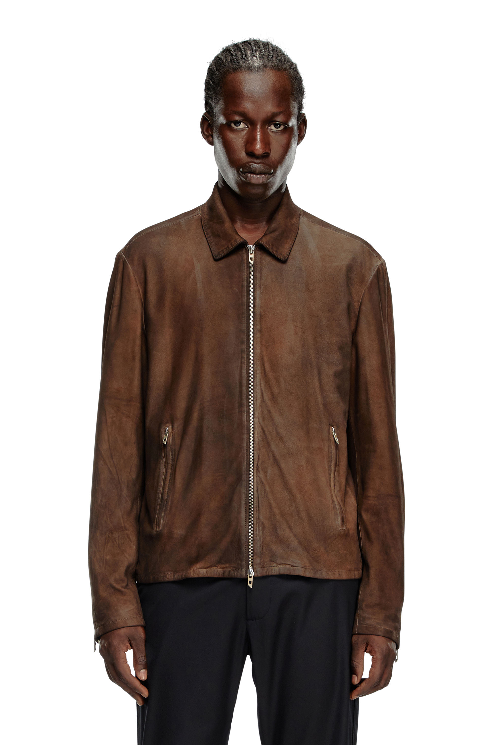 Shop Diesel Blouson Jacket In Treated Leather In Brown