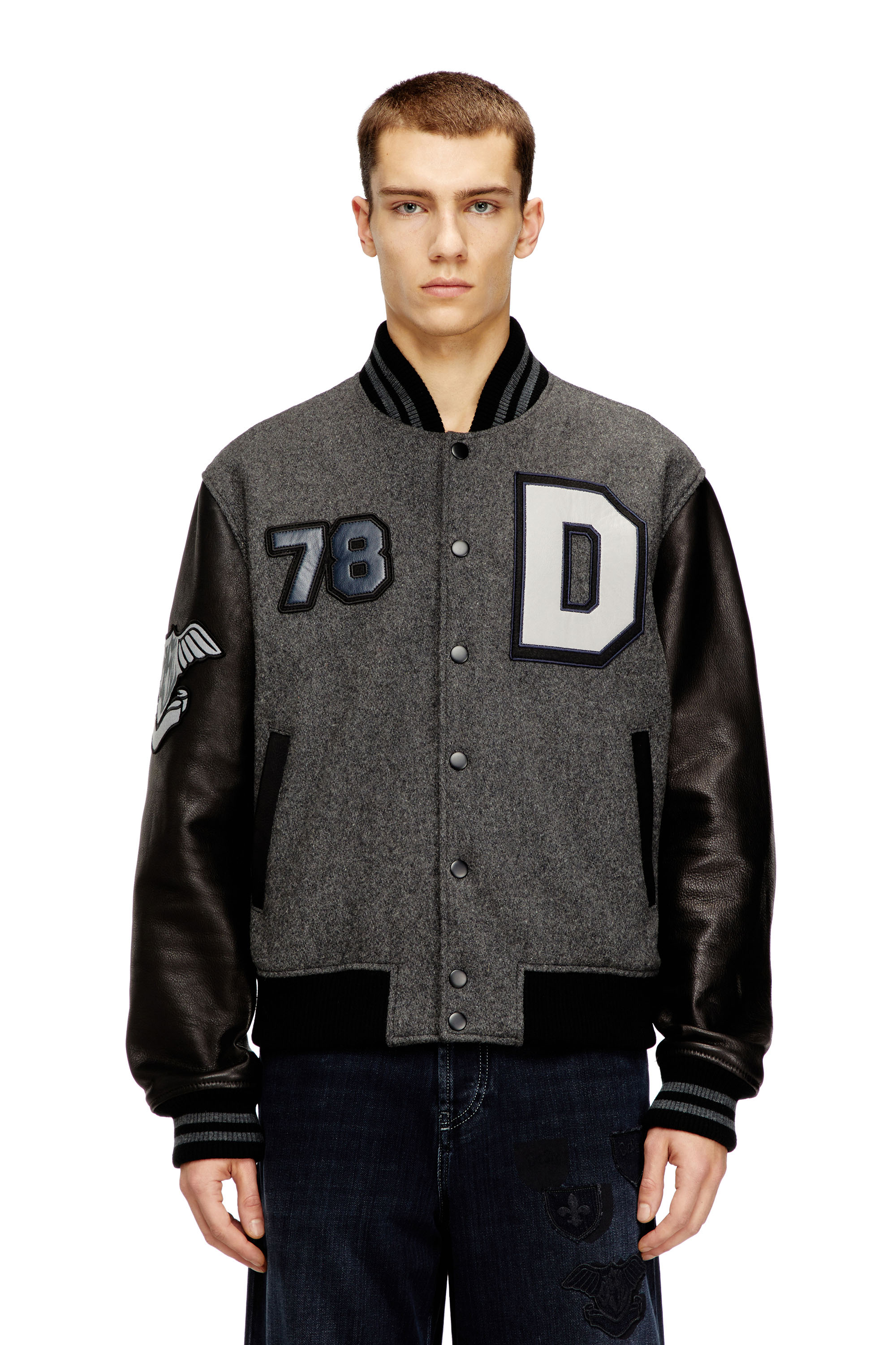 Diesel - L-ARRY-CP, Man's Varsity jacket in wool and leather in Black/Grey - 3