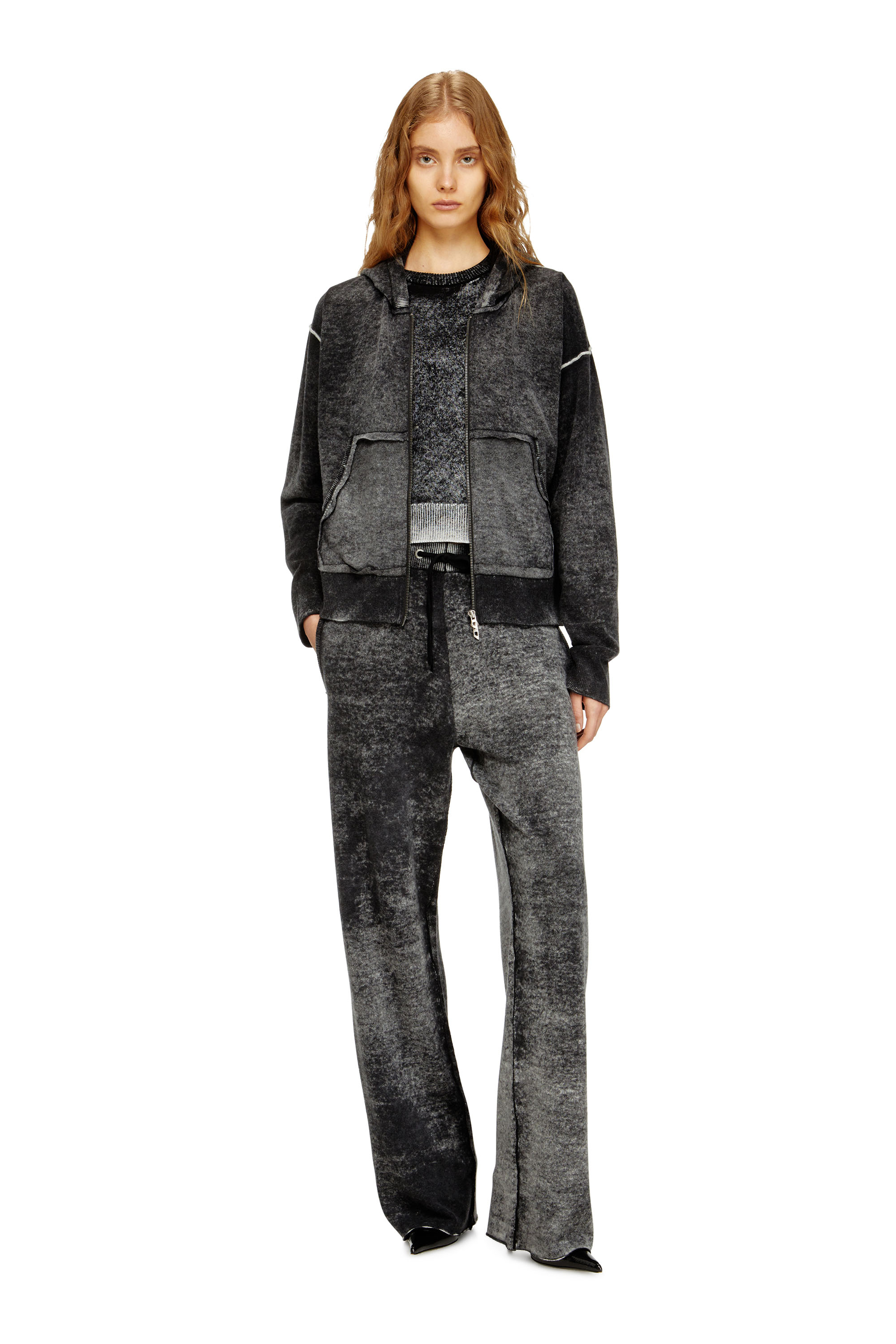 Diesel - M-HERMINE, Woman's Reverse-print hooded cardigan in wool in Black/Grey - 1