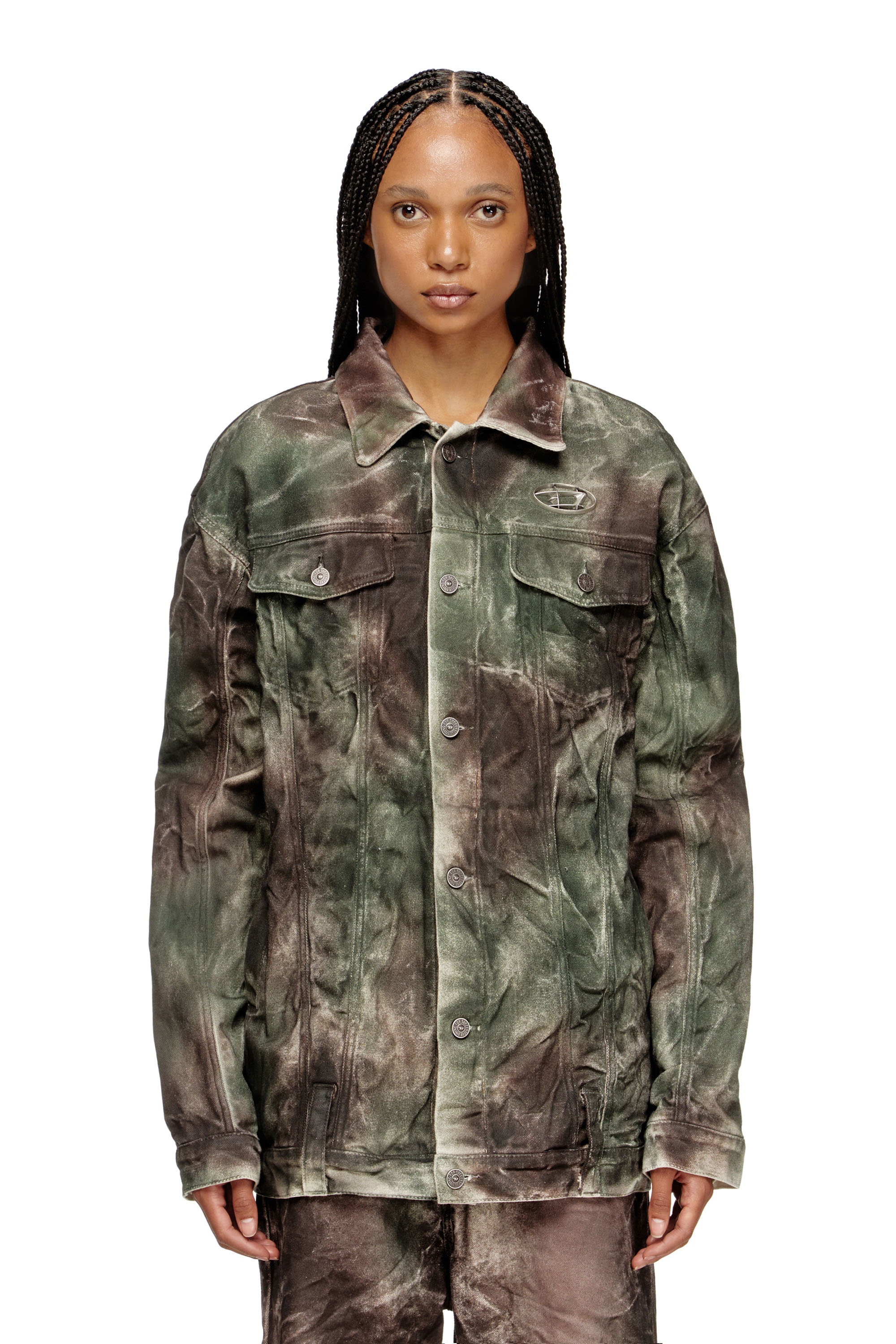 Diesel - J-THUG-JKT, Unisex's Trucker jacket in crinkled camo canvas in Brown/Green - 1