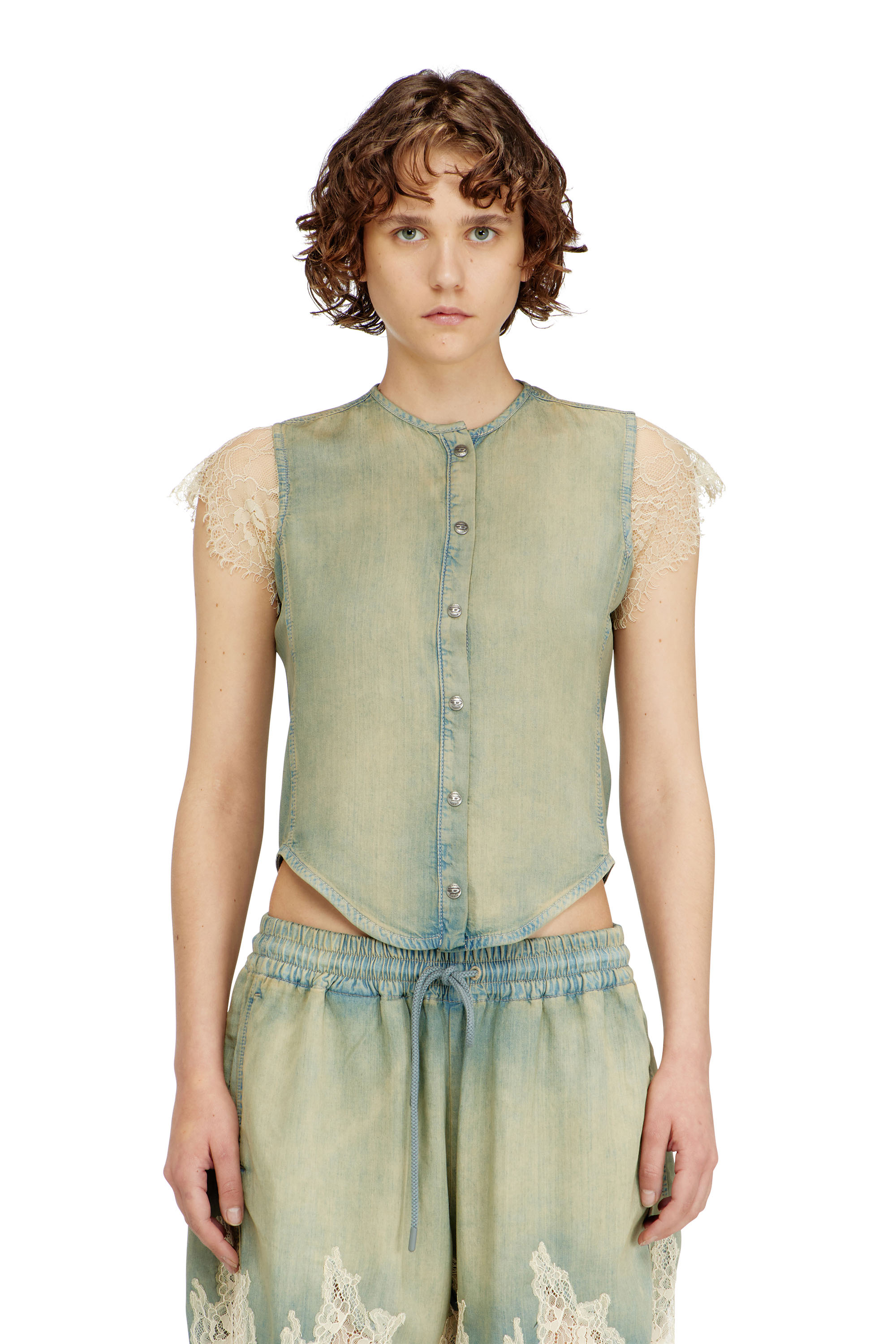 Diesel Women's Blue - Short-Sleeve Shirt In Denim And Lace - Denim Shirts - Woman Xxs