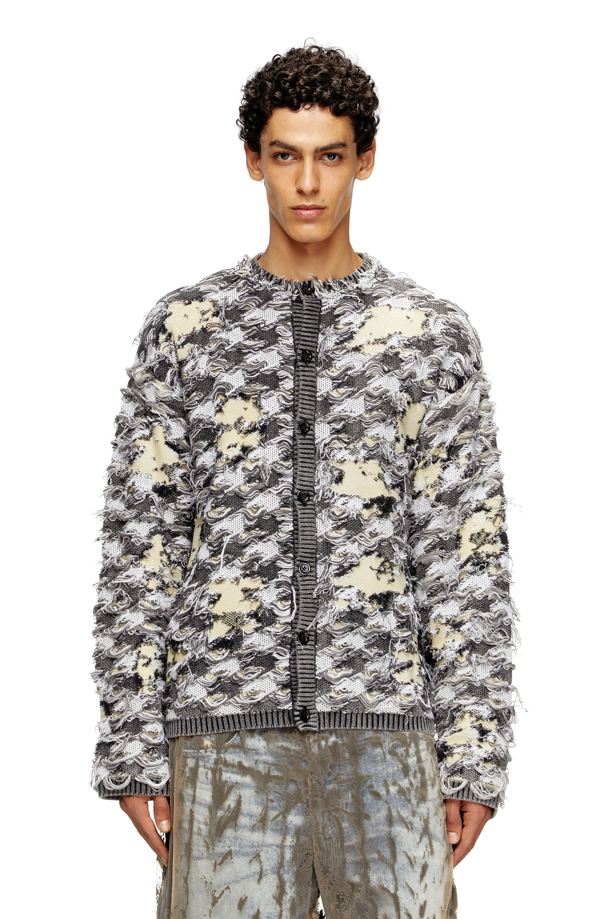 Diesel - K-VALBOR, Man's Cardigan in devoré houndstooth jacquard in Beige/Grey - 1