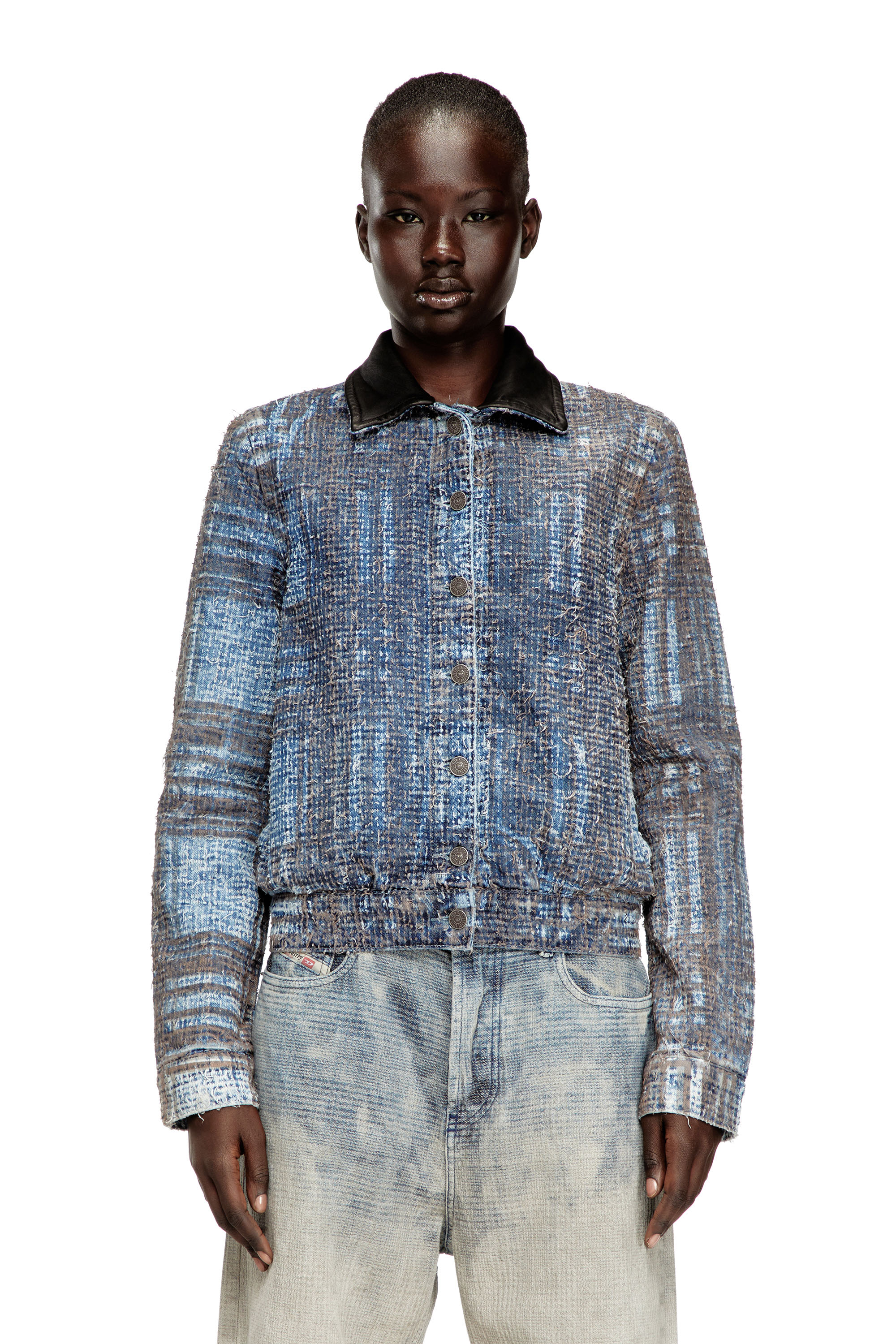 Diesel - DE-ATELI-S, Woman's Cropped jacket in graphic boucl&eacute; denim in Blue - 1