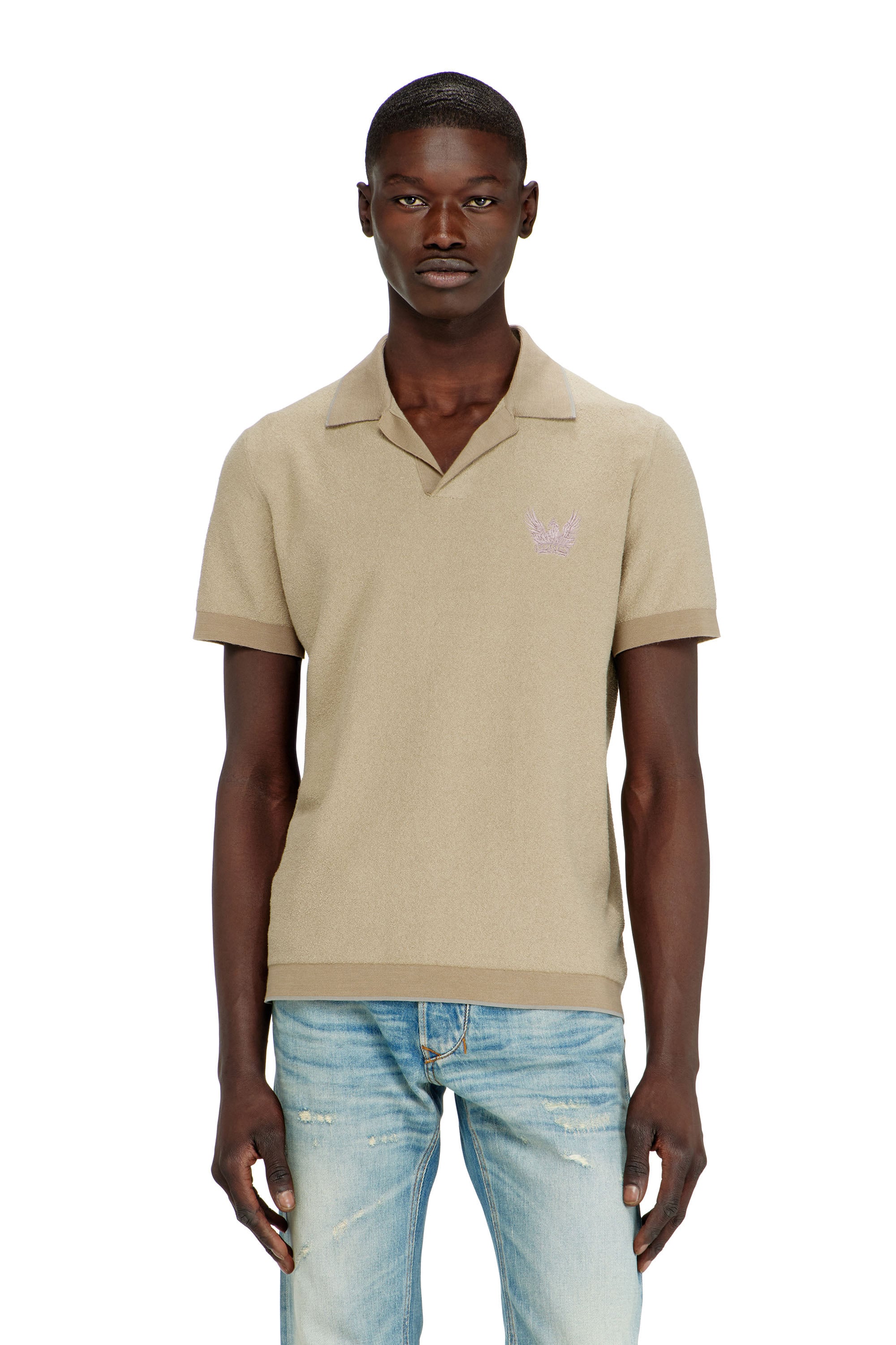 Diesel Men's Beige - Bouclé-Knit Polo Shirt With Phoenix Logo - T-Shirts - Man Xxs