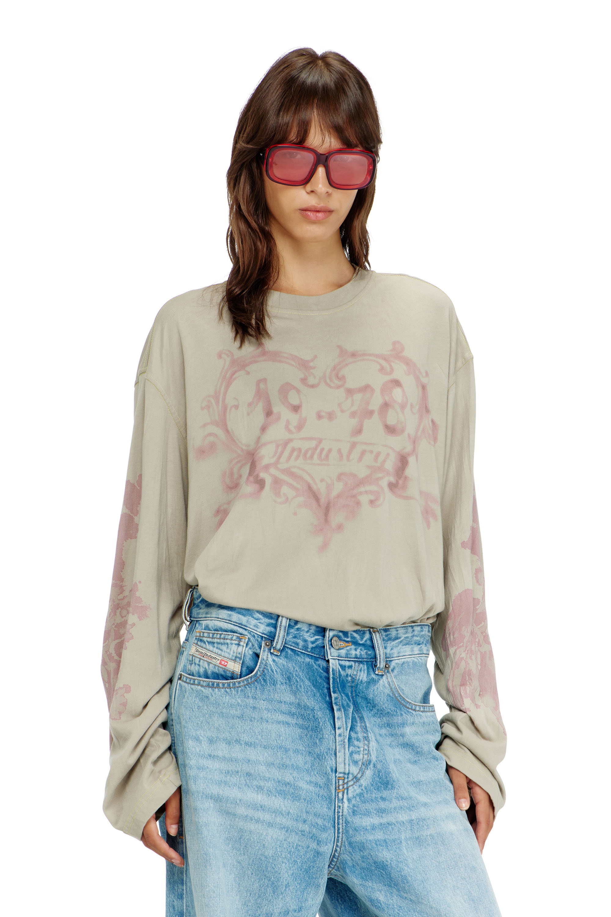 Diesel - Cotton long-sleeve T-shirt with graphic print - T-Shirts - Woman - Multicolor
