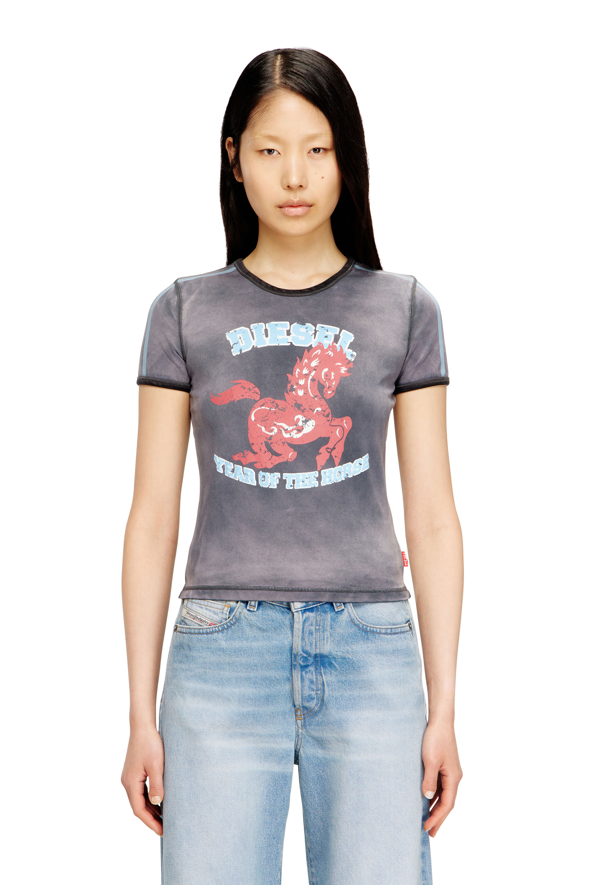 Diesel Women's Black - Cotton Stretch T-Shirt With Horse Graphic Print - Tops - Woman Xxs
