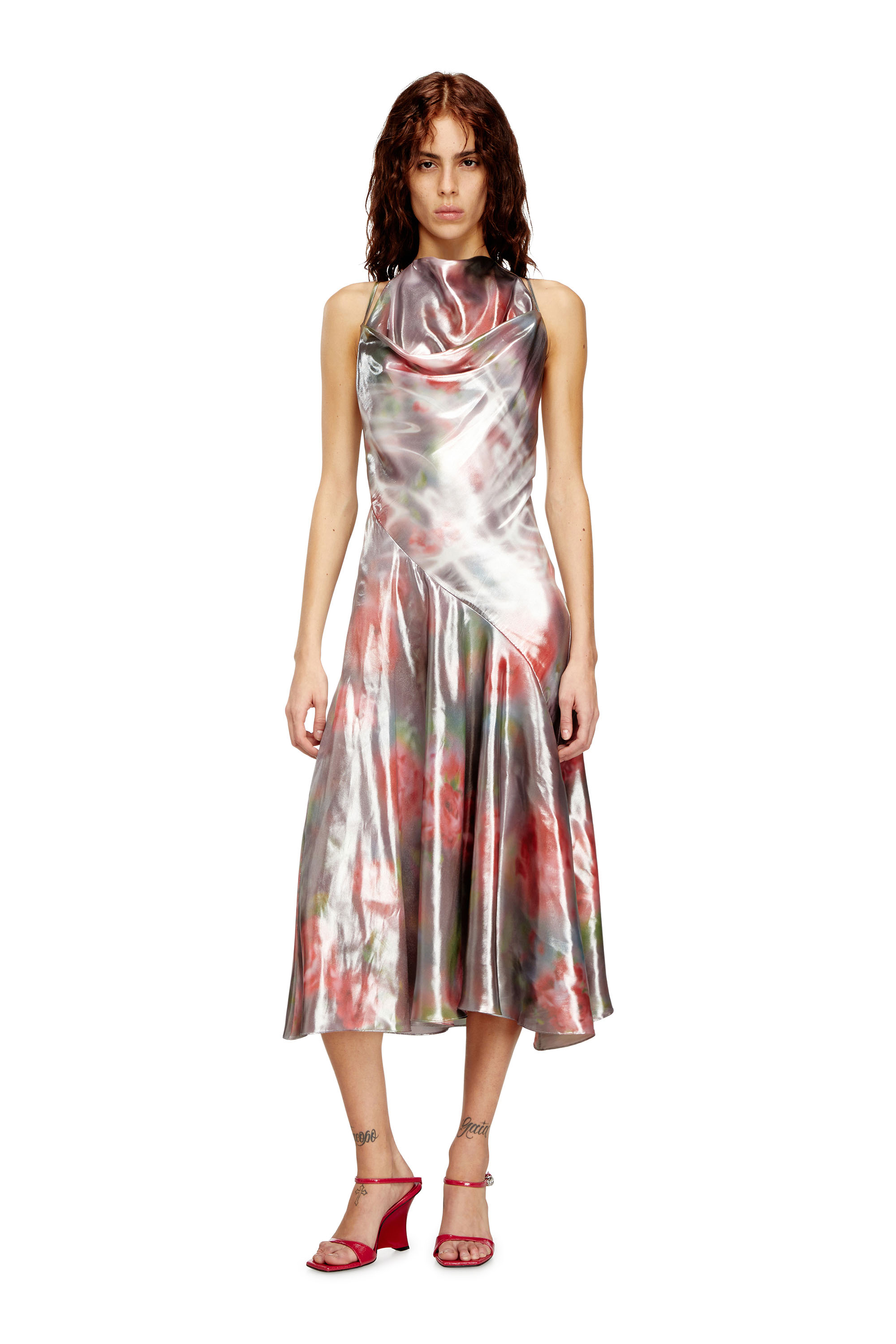 Diesel - D-EBRA, Woman's Metallic midi dress with rose print in Grey/Pink - 2