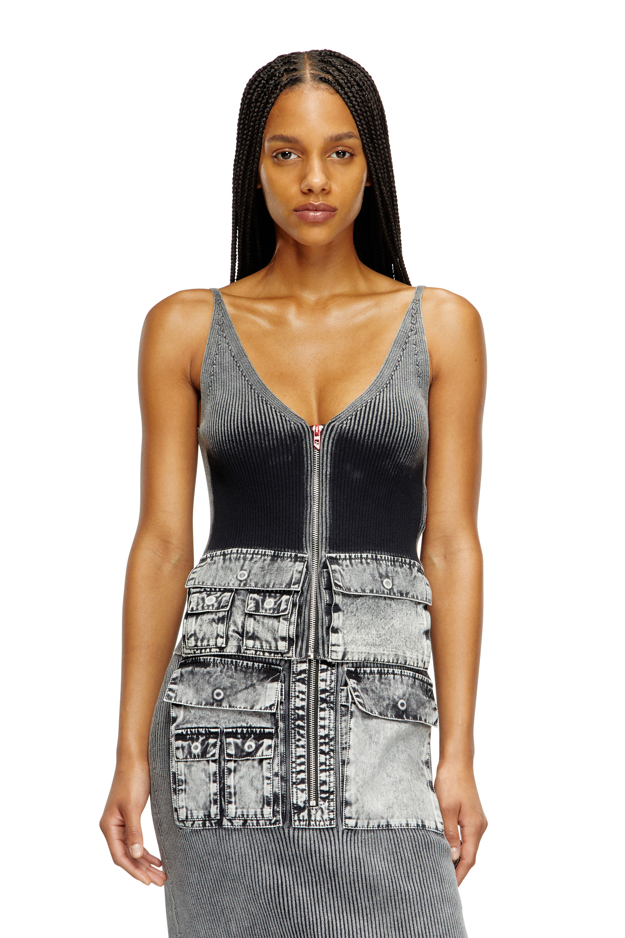 Diesel Knit Tank Top With Denim Cargo Pockets In Grey