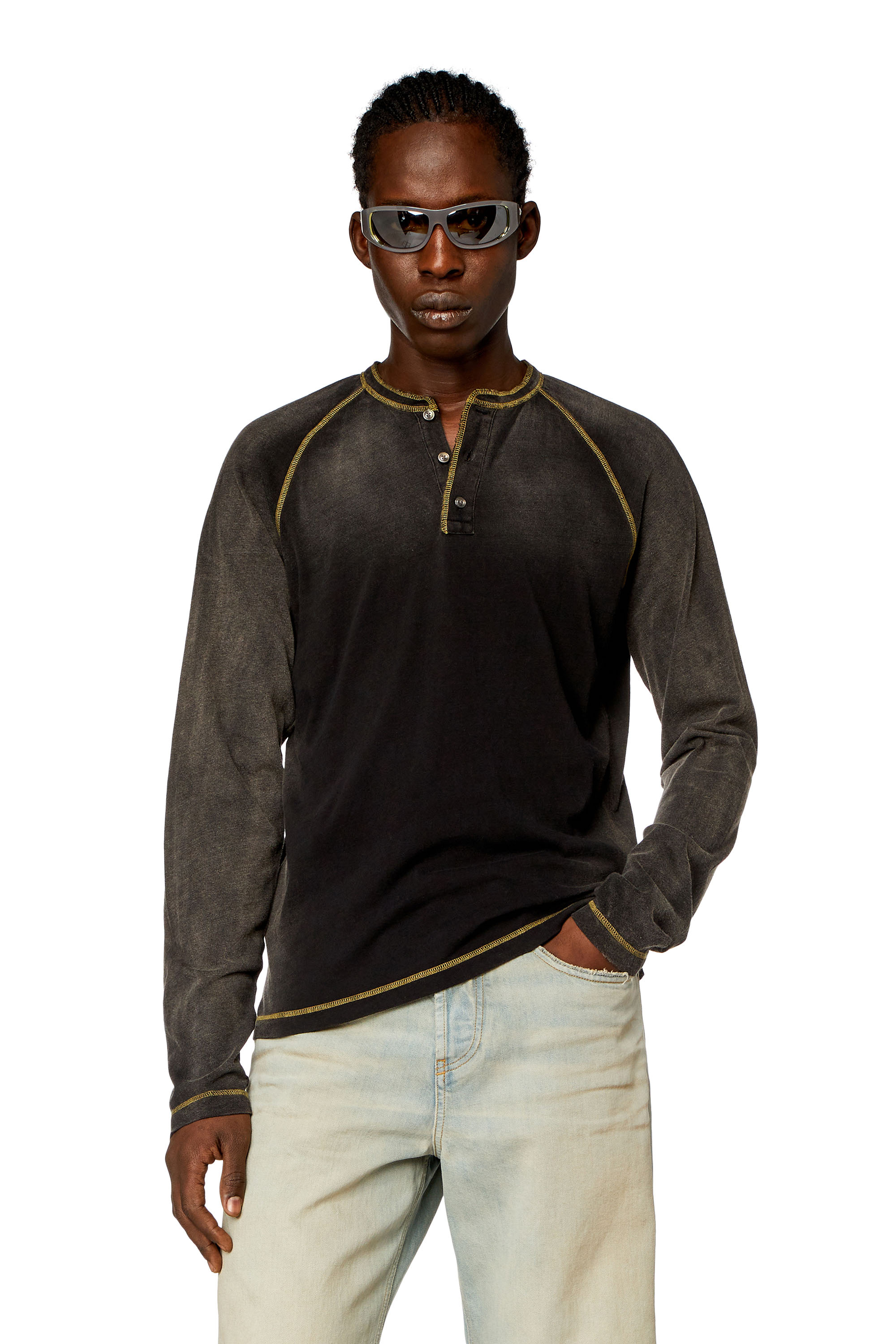 Shop Diesel Henley T-shirt With Sun-faded Effect In Black