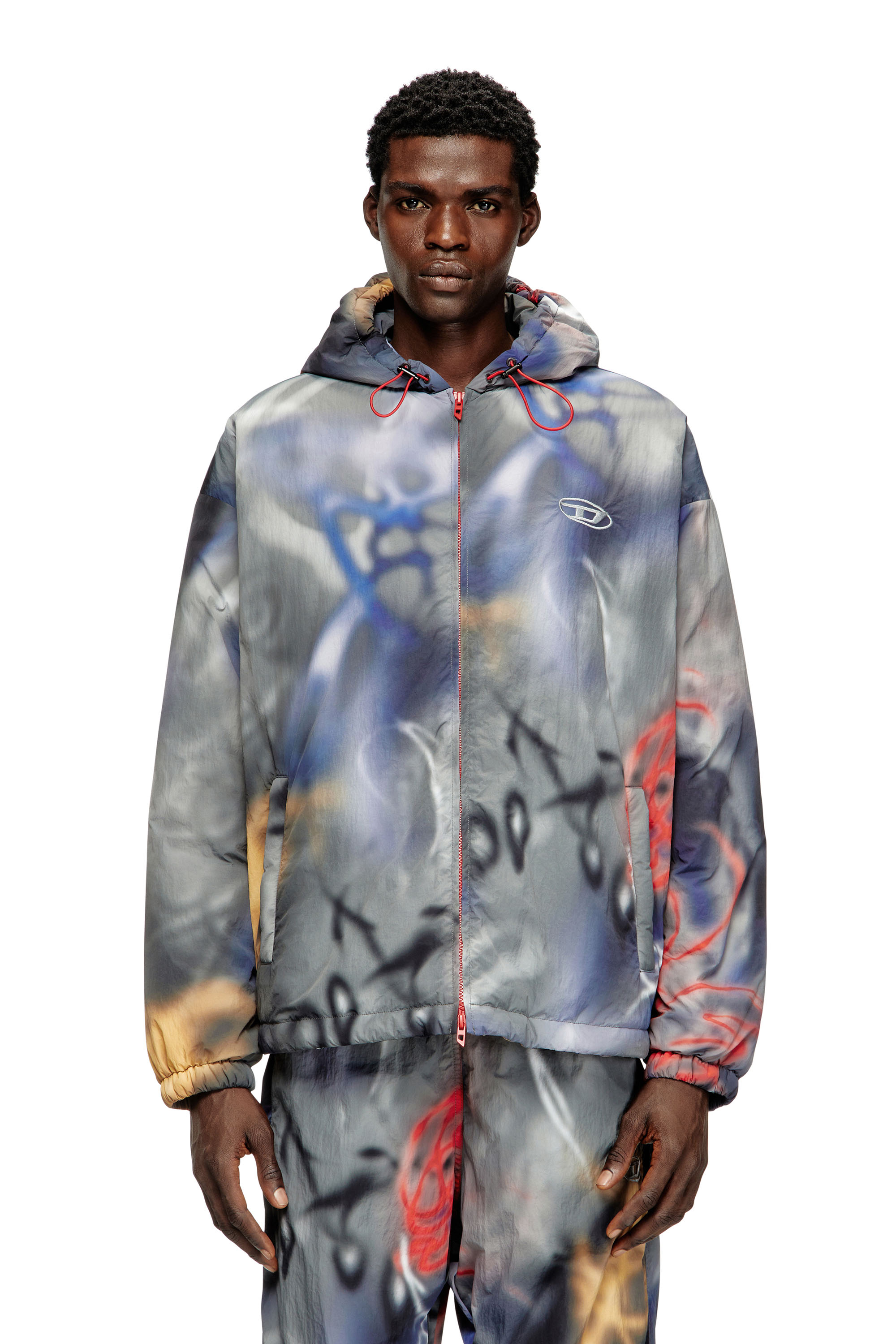 Diesel - J-MIRR, Man's Padded windbreaker with graffiti print in Blue/Grey - 1
