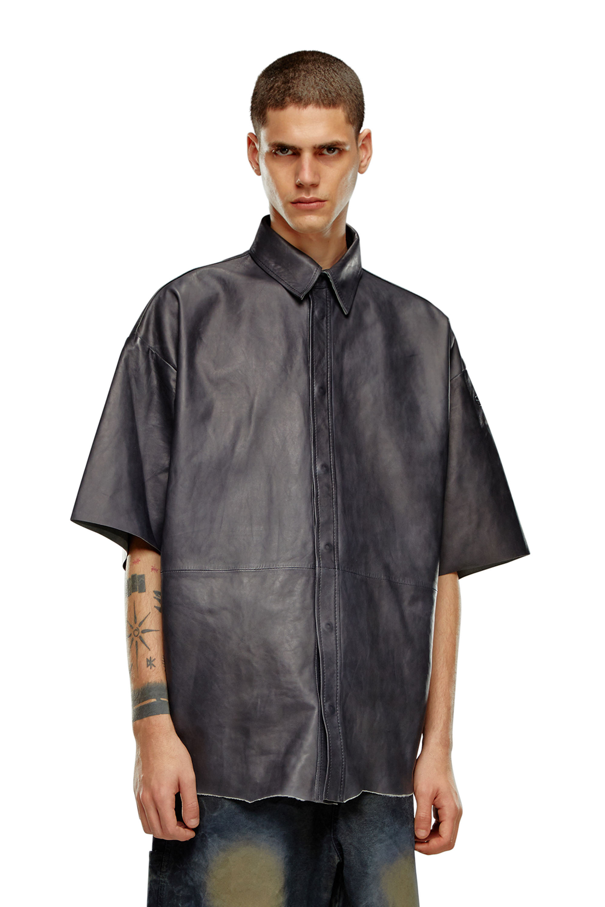 Diesel - Oversized shirt in treated leather - Shirts - Man - Black