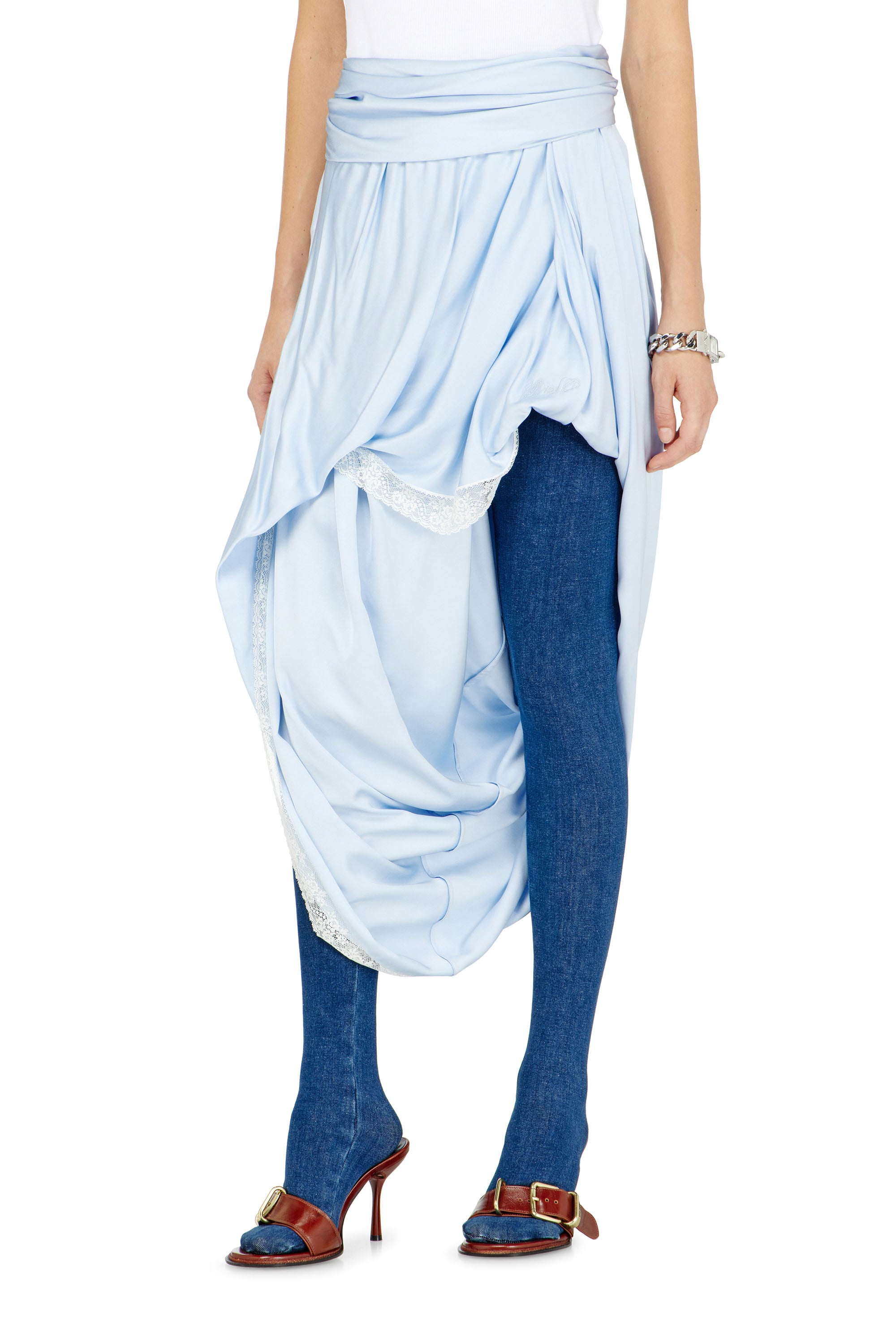 Diesel - Draped satin midi skirt with lace trim - Skirts - Woman - Blue