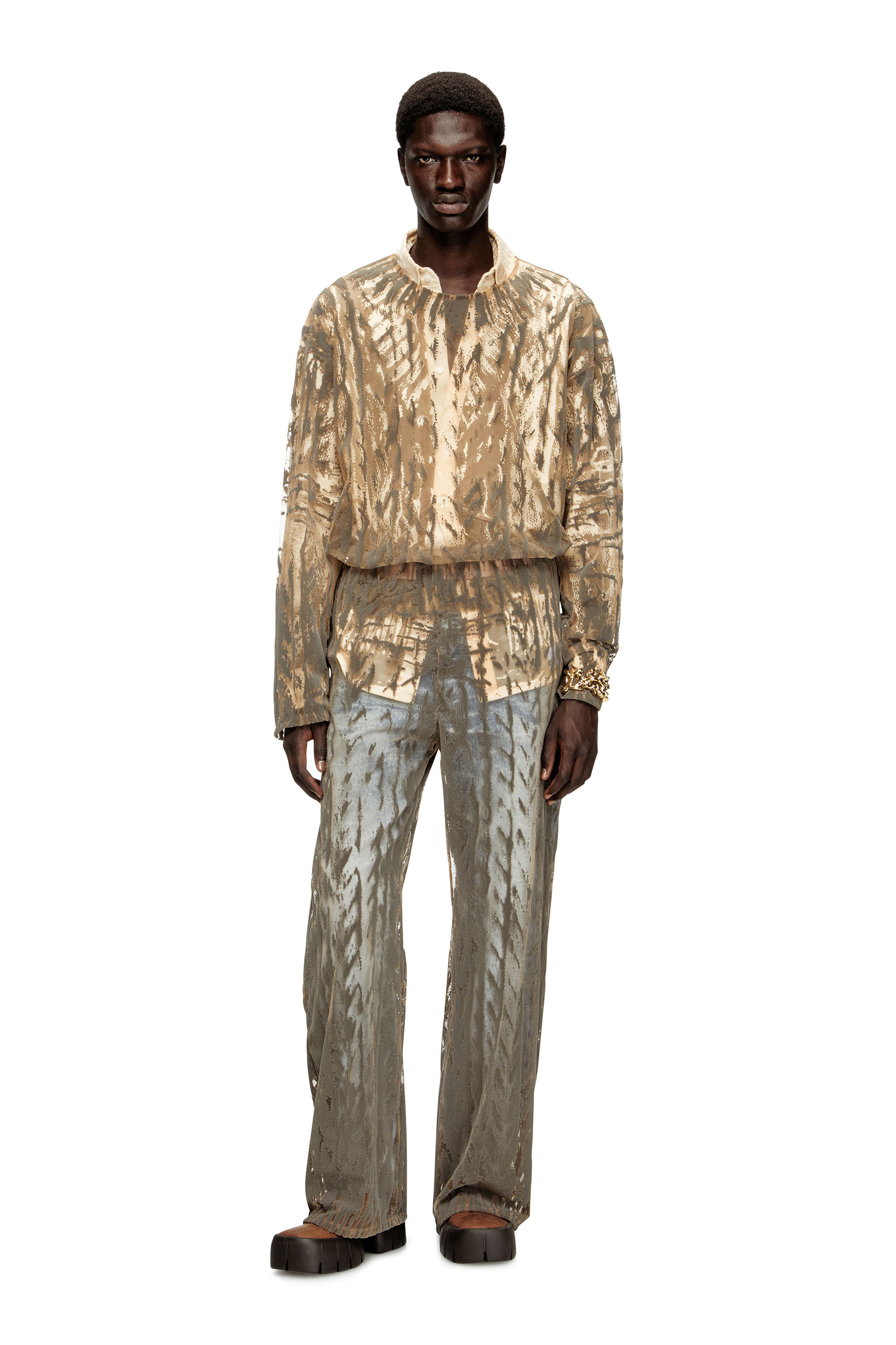 Diesel - T-TARAS, Man's Long-sleeve top in flocked tulle in Light Grey - 2