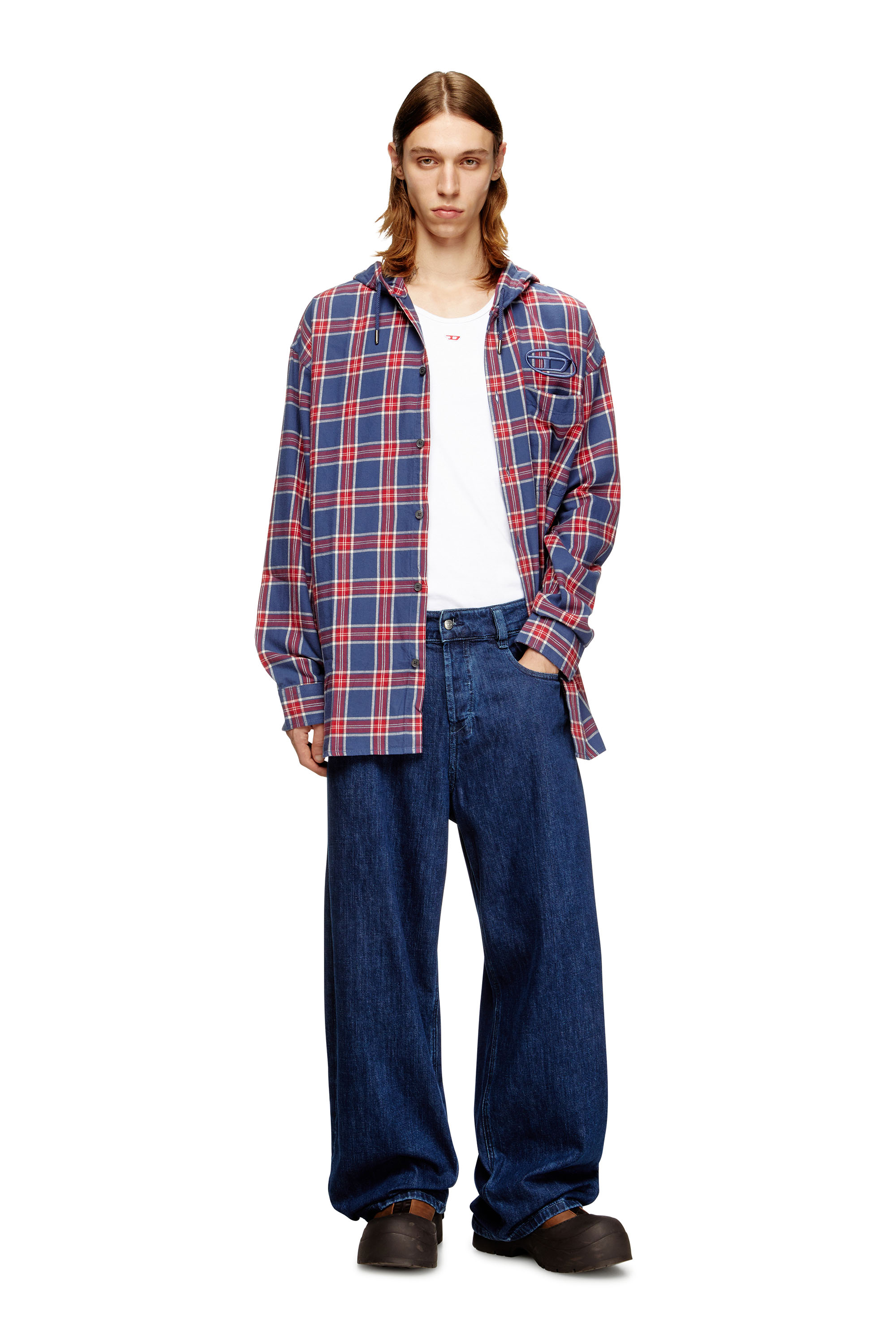 Diesel - S-DEWNY-HOOD-AJFI, Man's Cotton hooded shirt with 3D embroidery in Blue/Red - 2