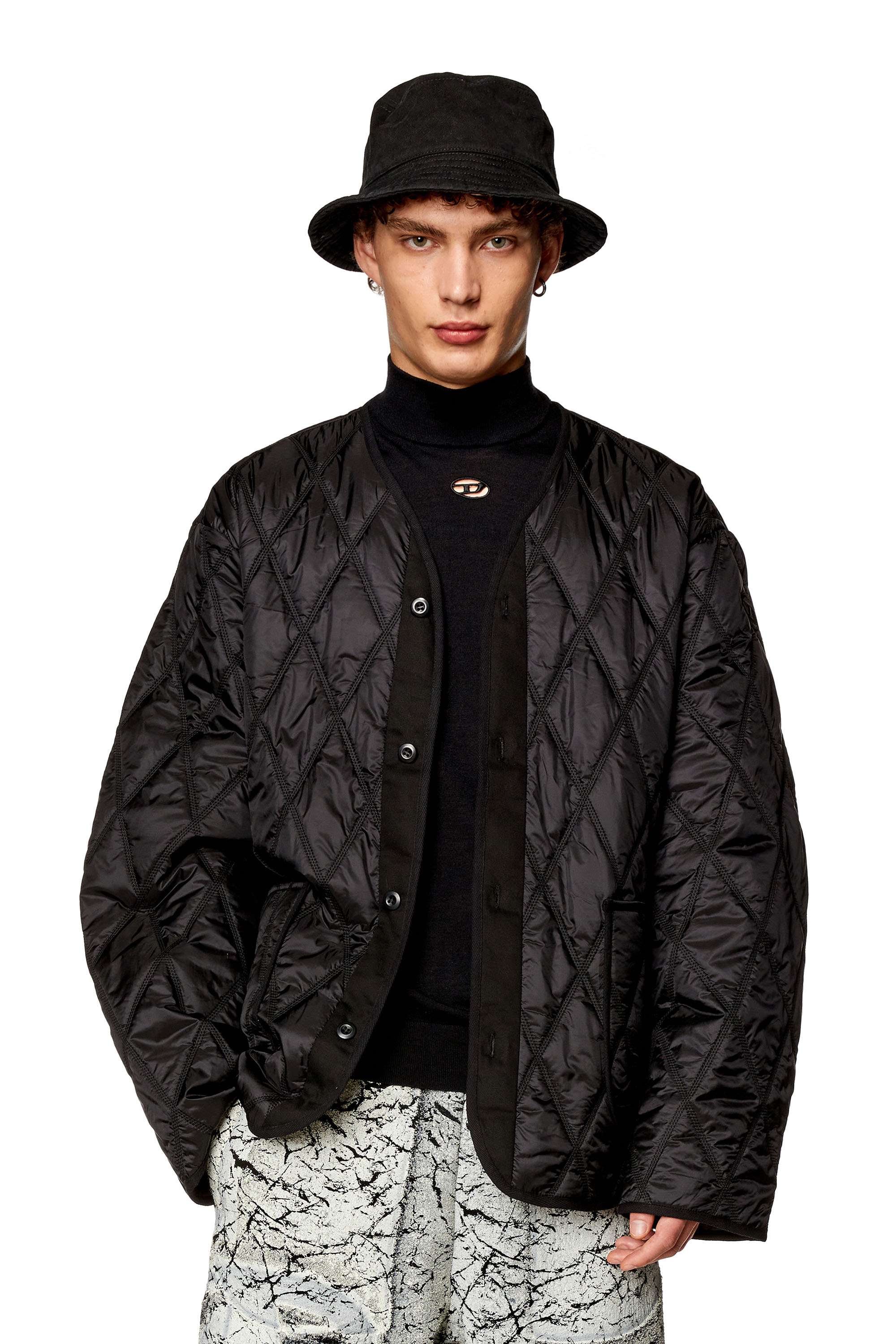 Diesel - V-neck jacket in quilted nylon - Winter Jackets - Man - Black