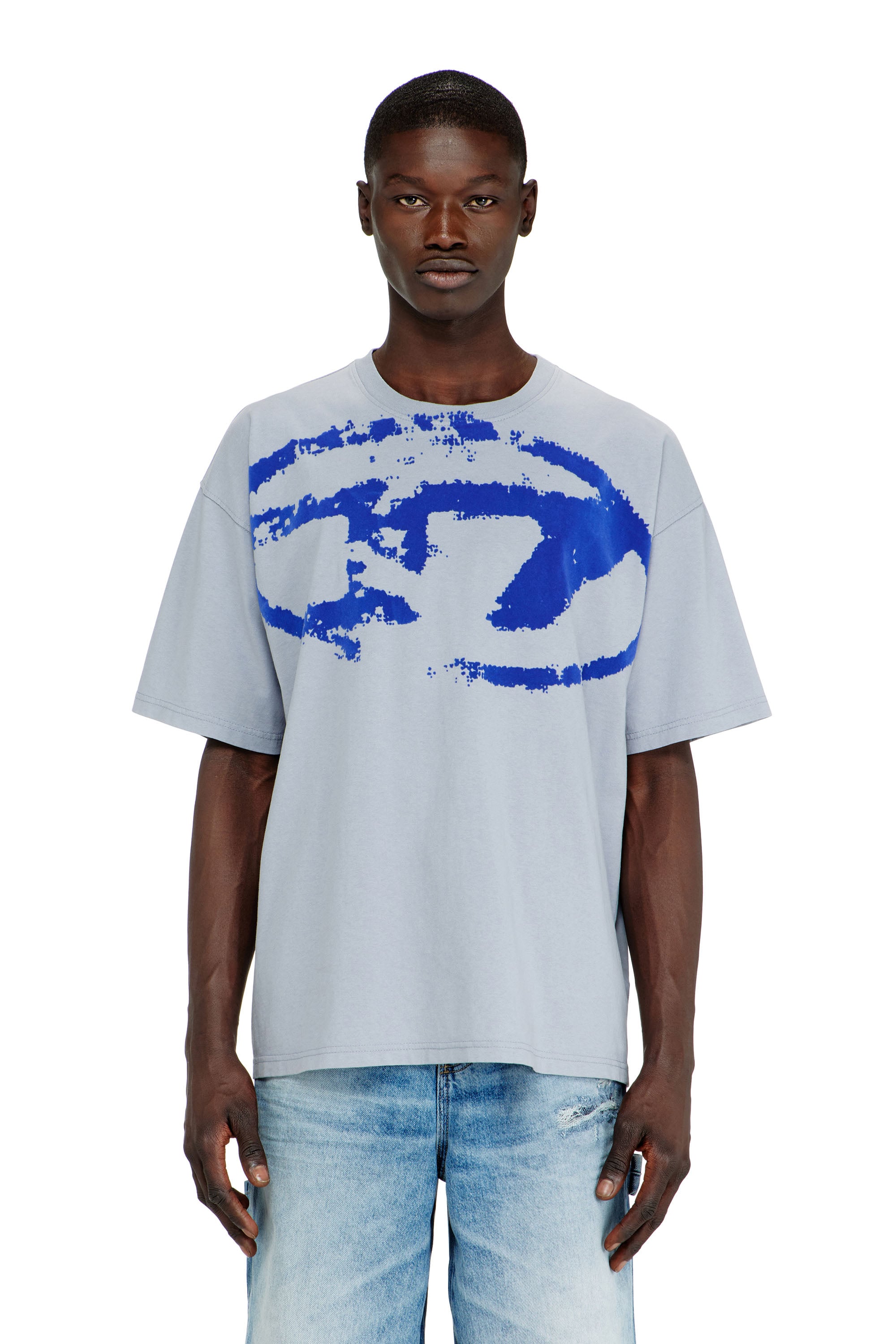 Diesel Homem Azul - T-Shirt With Distressed Flocked Logo - T-Shirts - Man Extra Grande