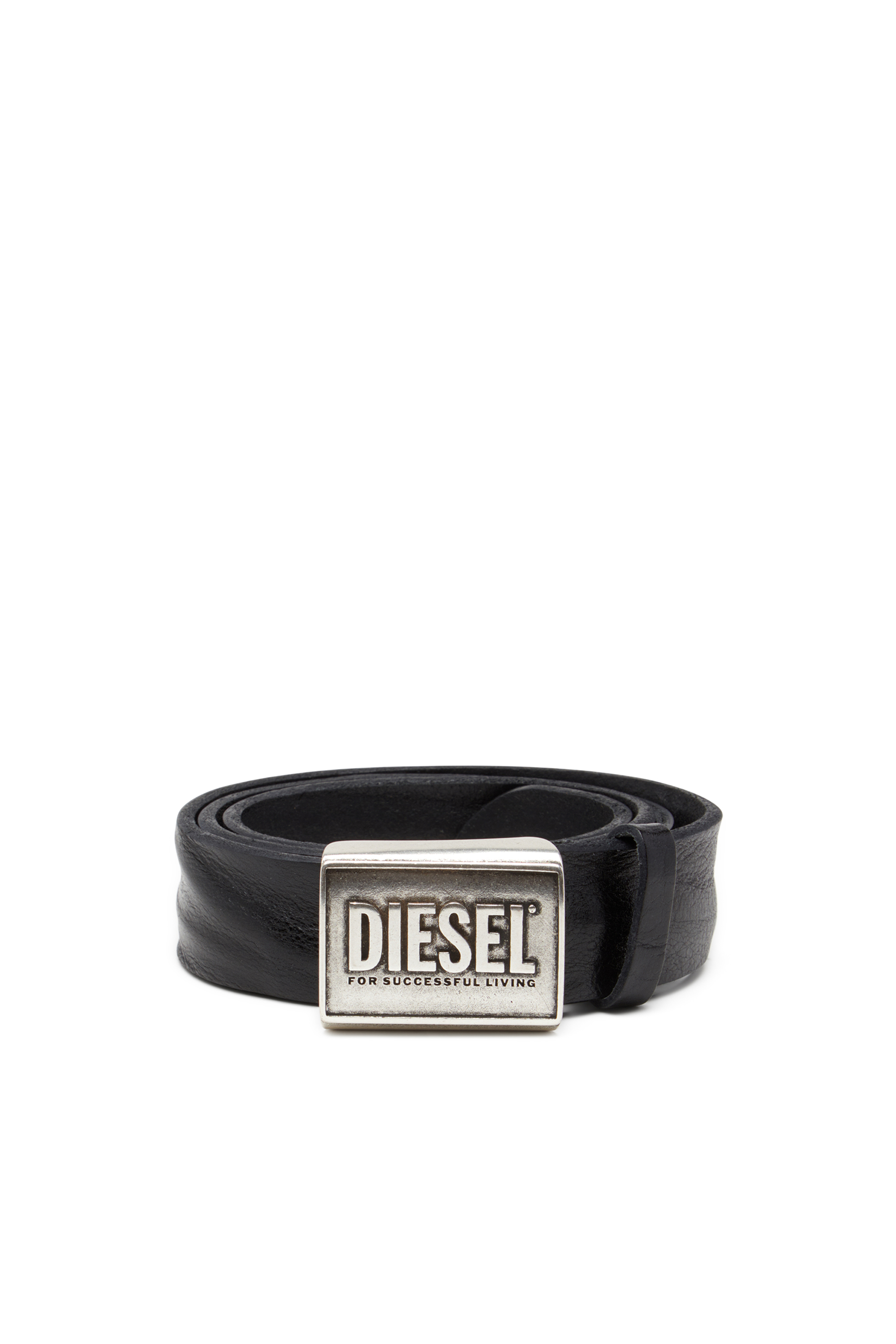 Diesel Men's Black - Leather Belt 4 Cm With Logo Plaque - Belts - Man Size 85