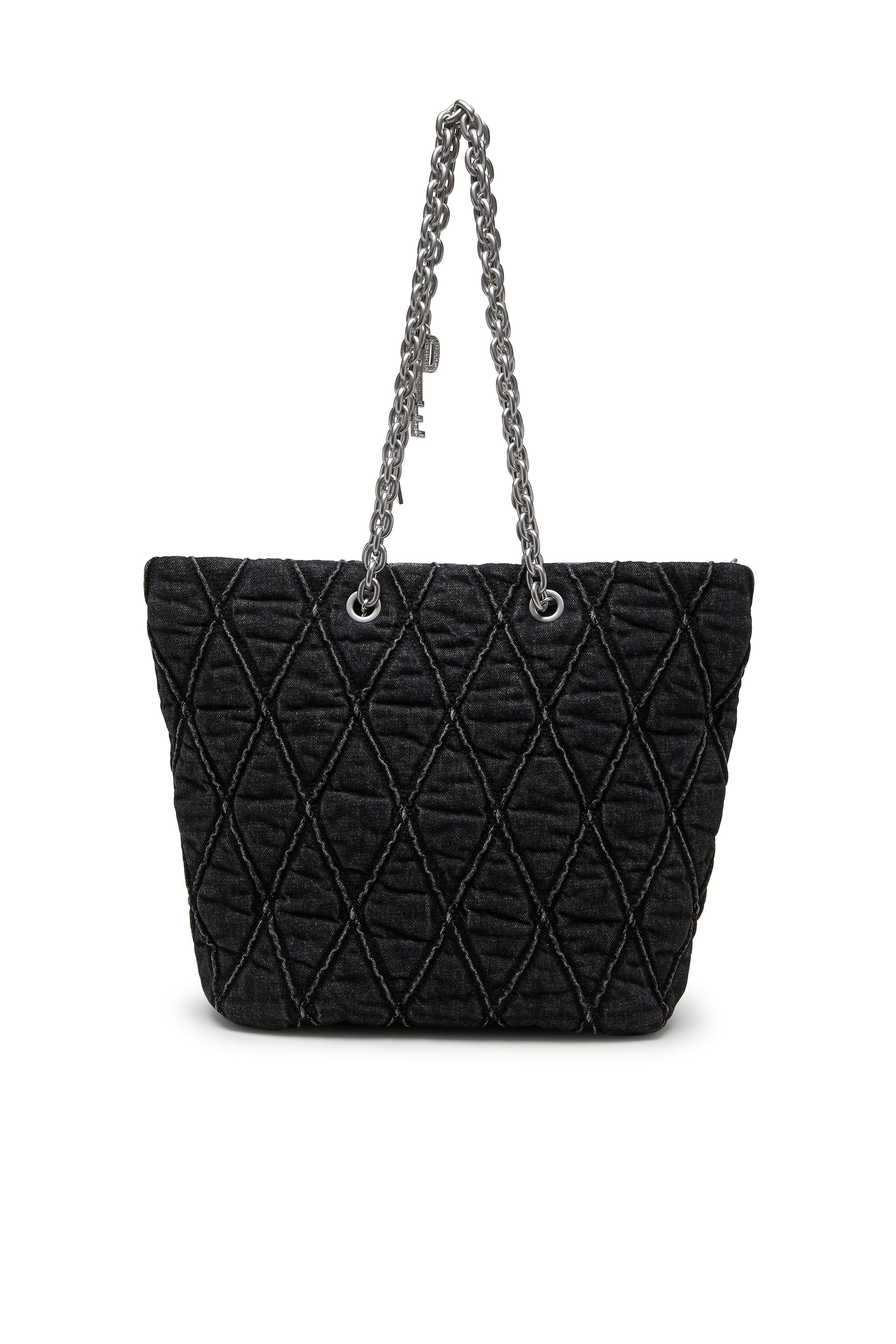 Diesel - CHARM-D SHOPPER M, Woman's Charm-D-Tote bag in treated quilted denim in Black - 3
