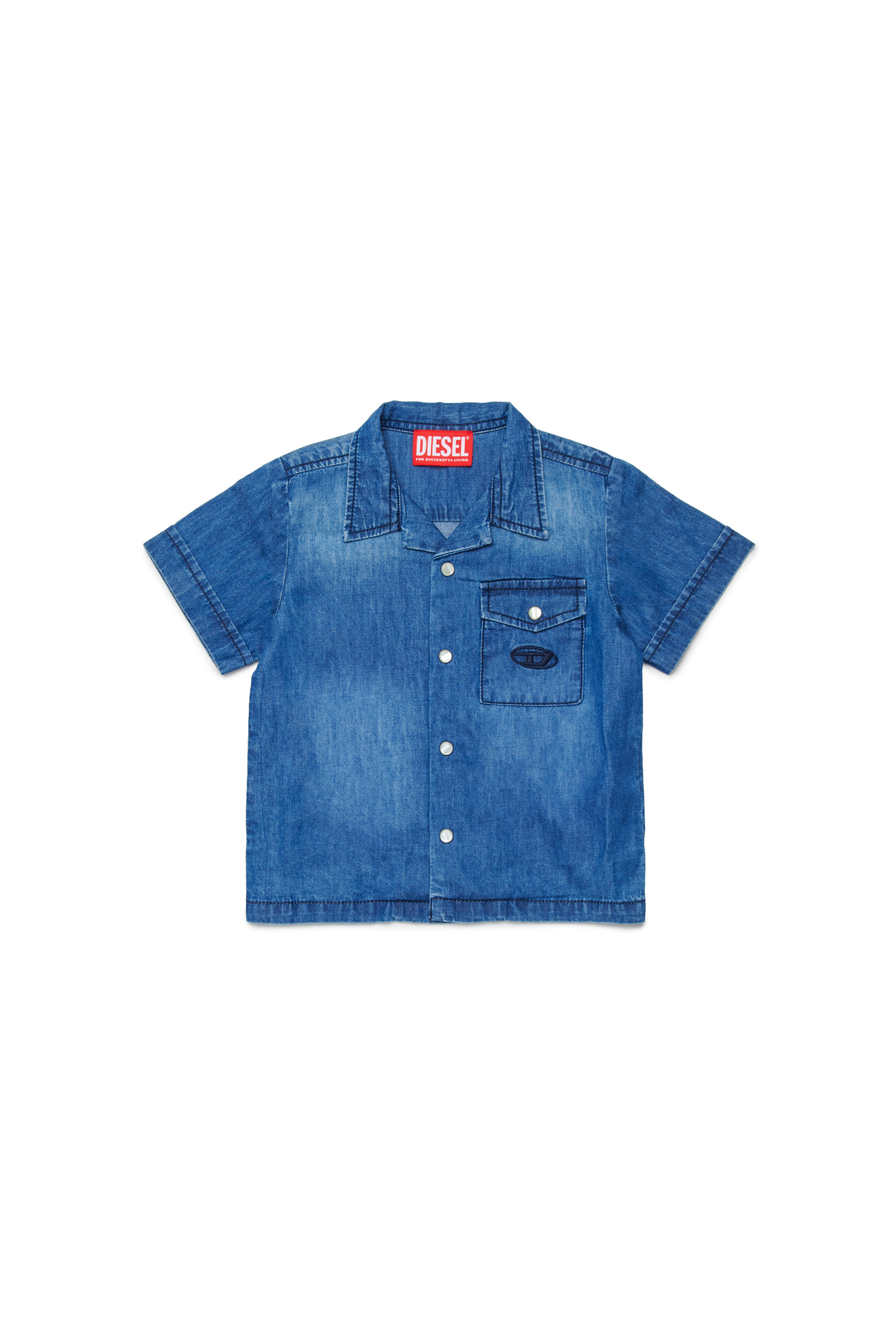 Diesel Boys Blue - Bowling Shirt In Washed Denim - Shirts - Man Size 18-24 Kids