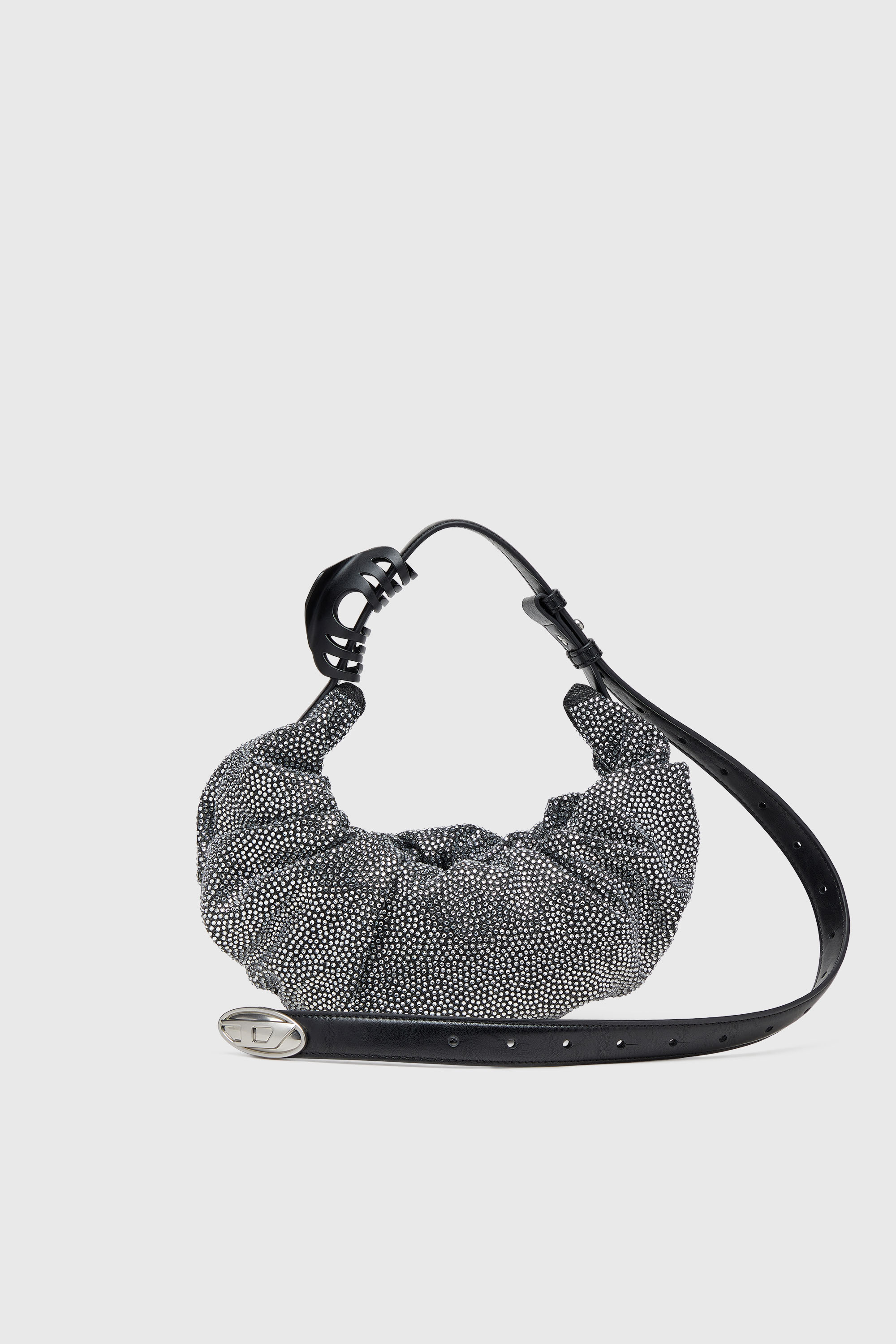 Diesel - Grab-D S-Small scrunched hobo bag in crystal denim - Shoulder Bags - Woman - Black