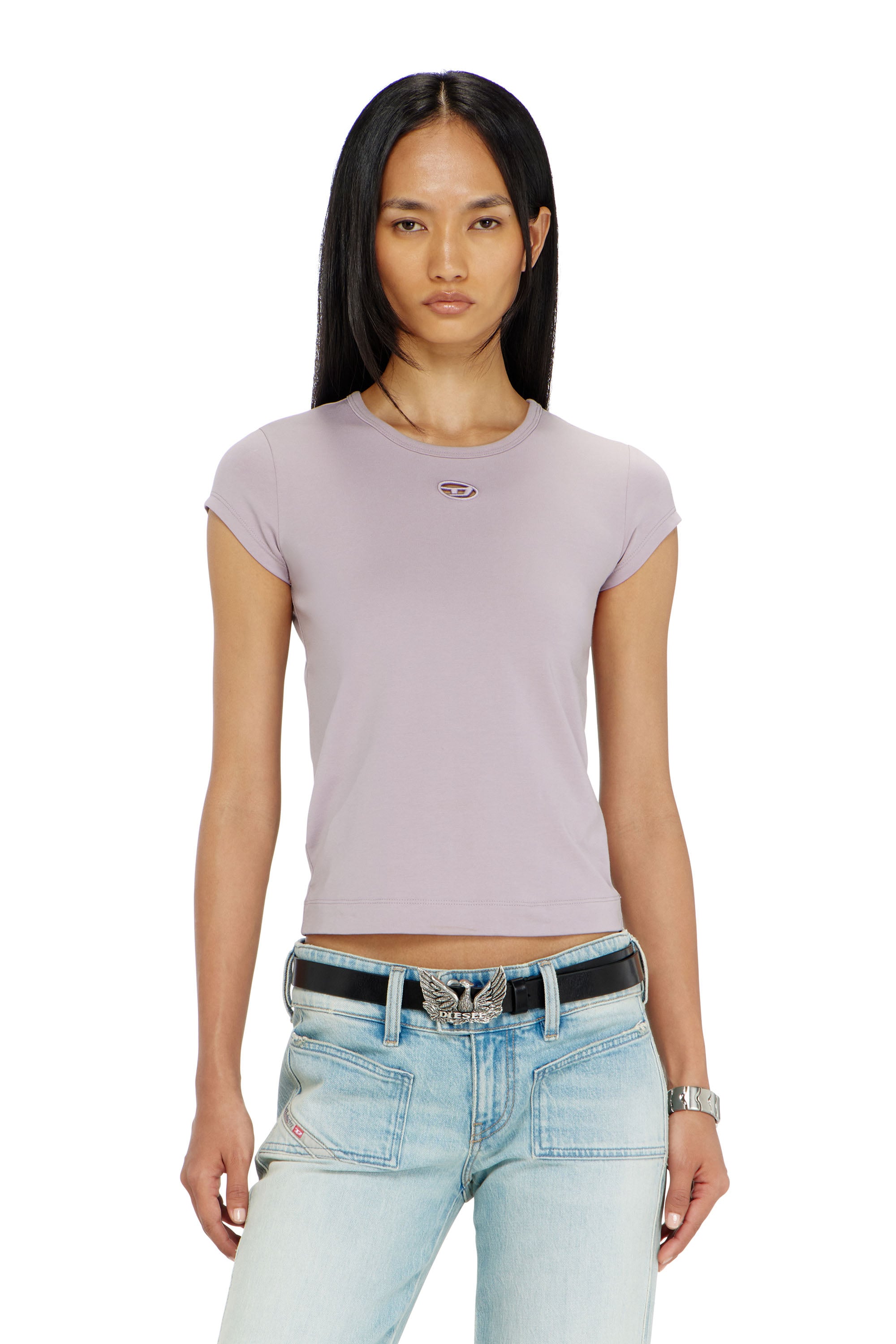 Diesel Vrouw Violet - T-Shirt With Cut-Out Embroidered Logo - T-Shirts - Woman Xxs