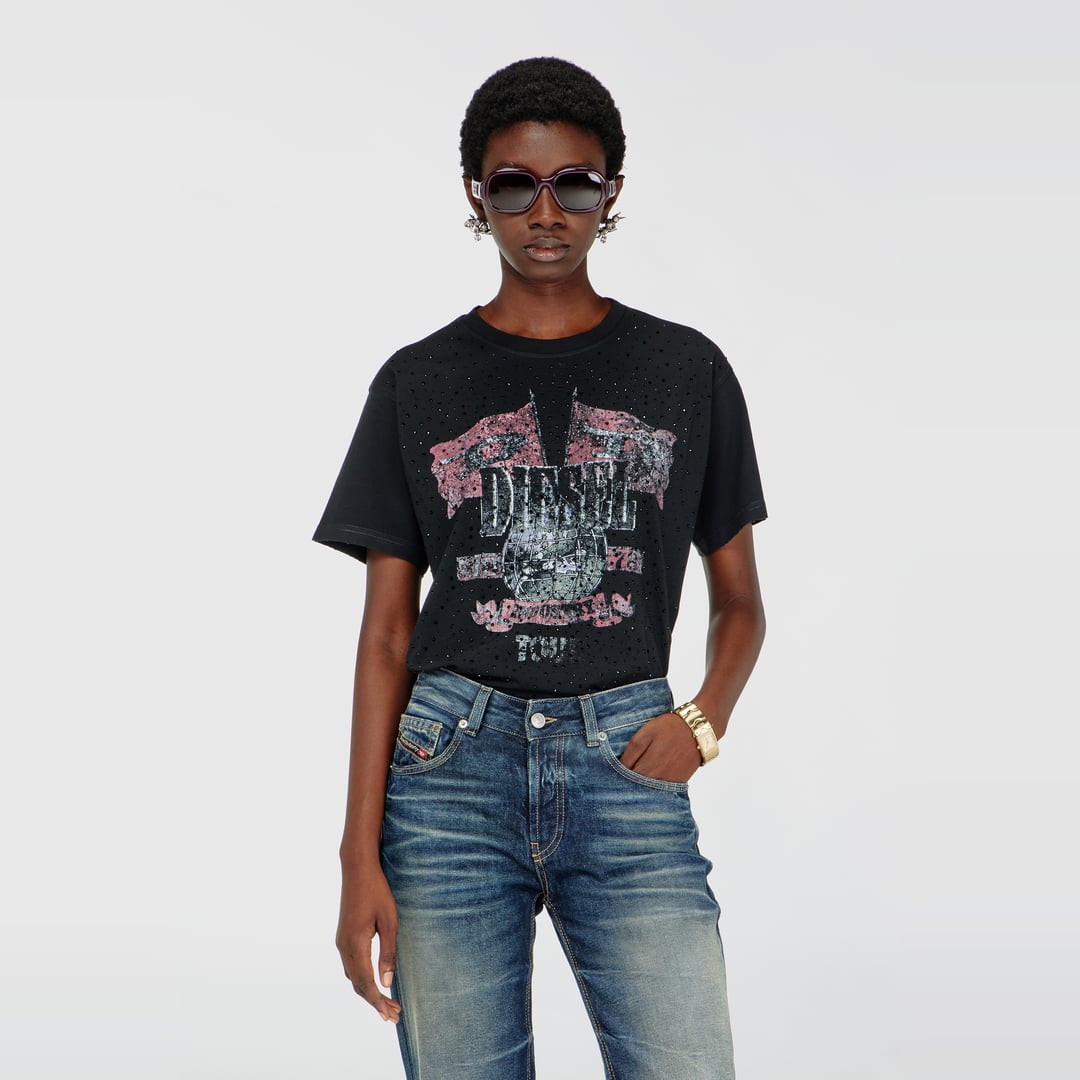 Diesel - T-shirt with concert graphics and crystals - T-Shirts - Woman - Black