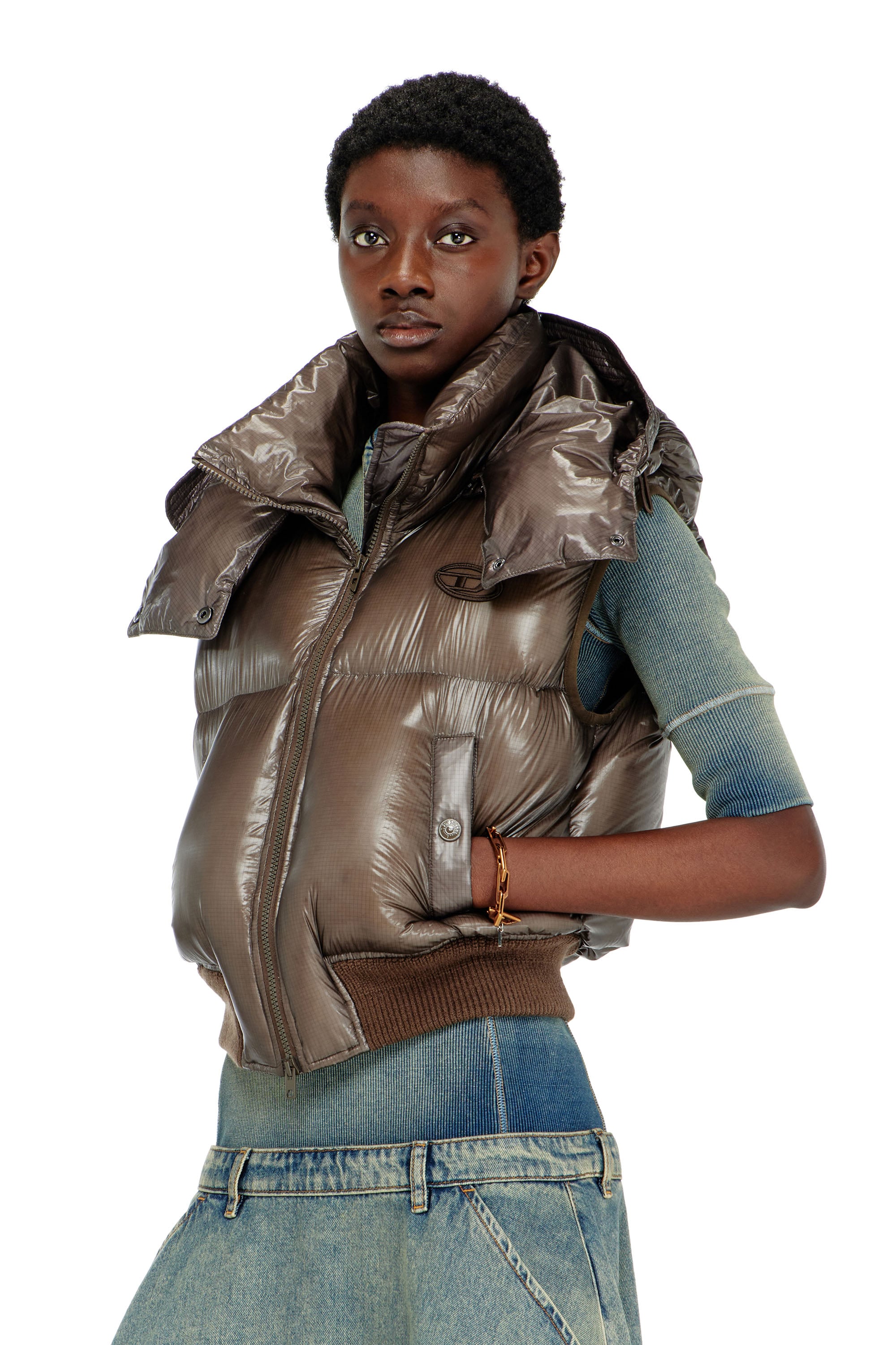 Diesel Vrouw Bruin - Down Vest In Ripstop With Detachable Hood - Winter Jackets - Woman Maat 46