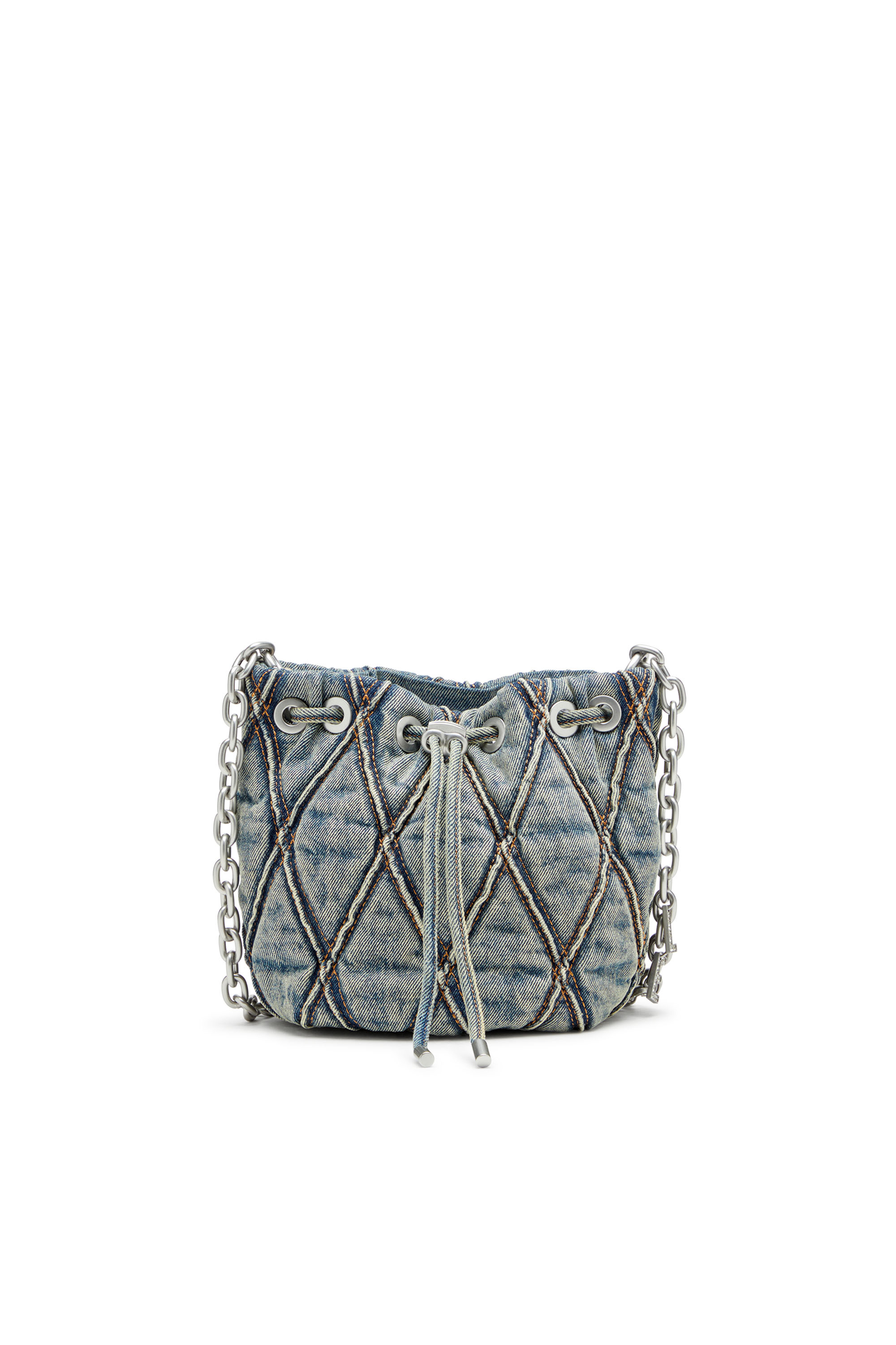 Diesel - Charm-D S-Mini bucket bag in argyle quilted denim - Shoulder Bags - Woman - Blue