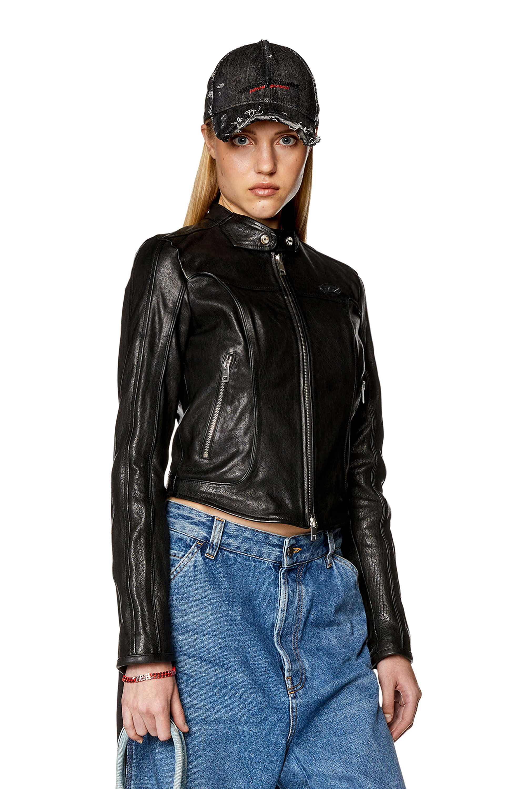 Diesel - Leather jacket with embossed D - Leather jackets - Woman - Black