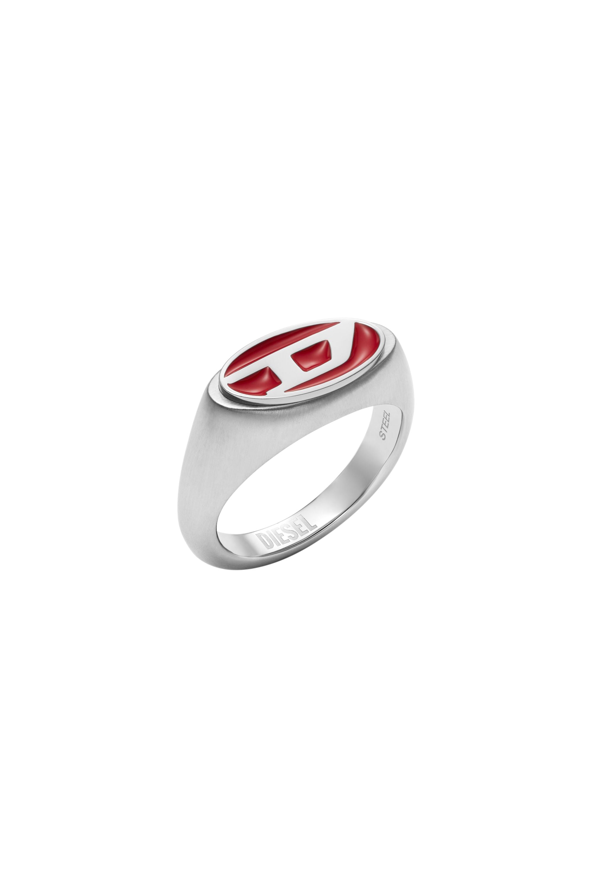 Diesel Unisex Silver - Red Enamel And Stainless Steel Signet Ring - Rings Size 11.5
