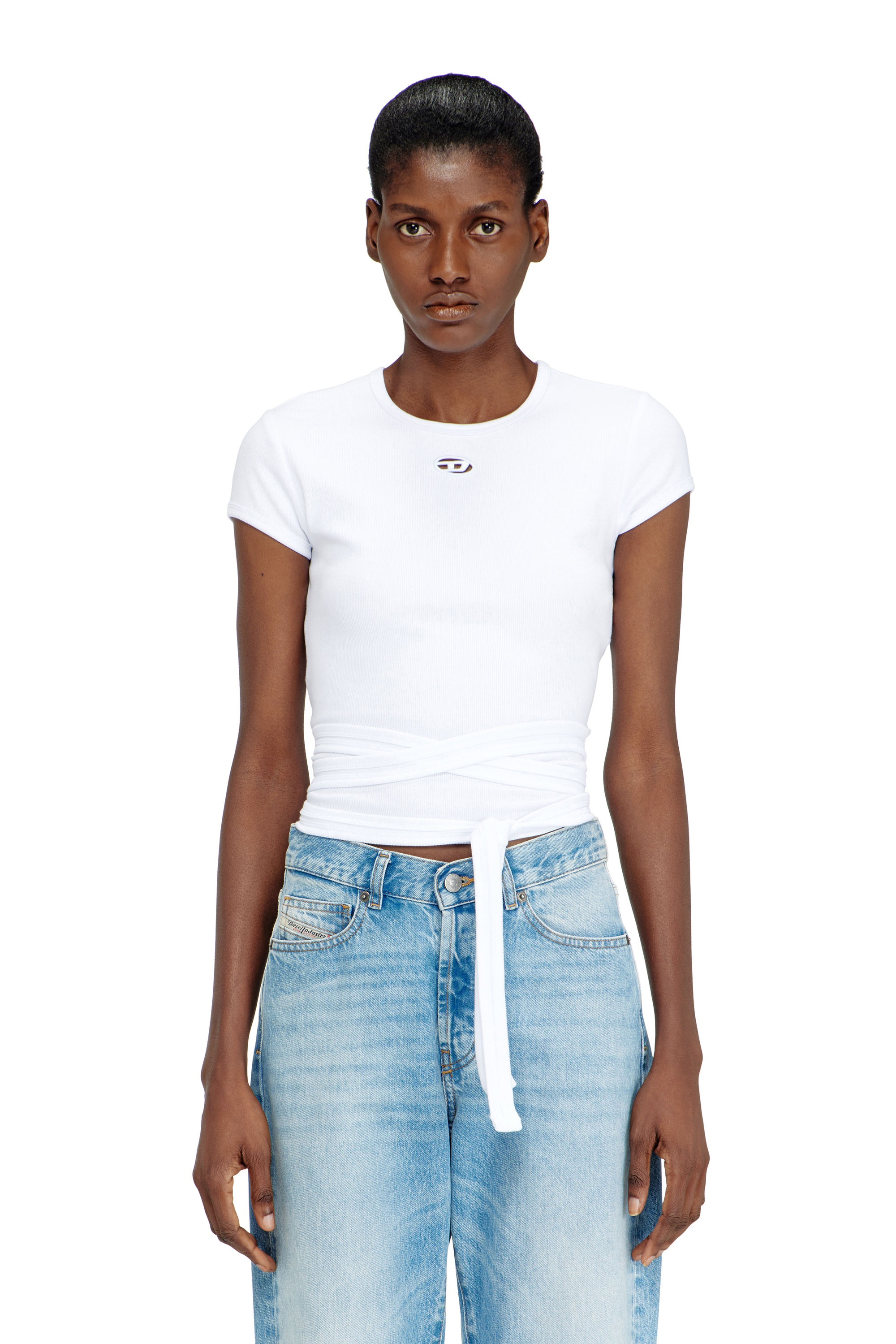 Diesel Women's White - Ribbed T-Shirt With Wrap-Around Laces - T-Shirts - Woman Small
