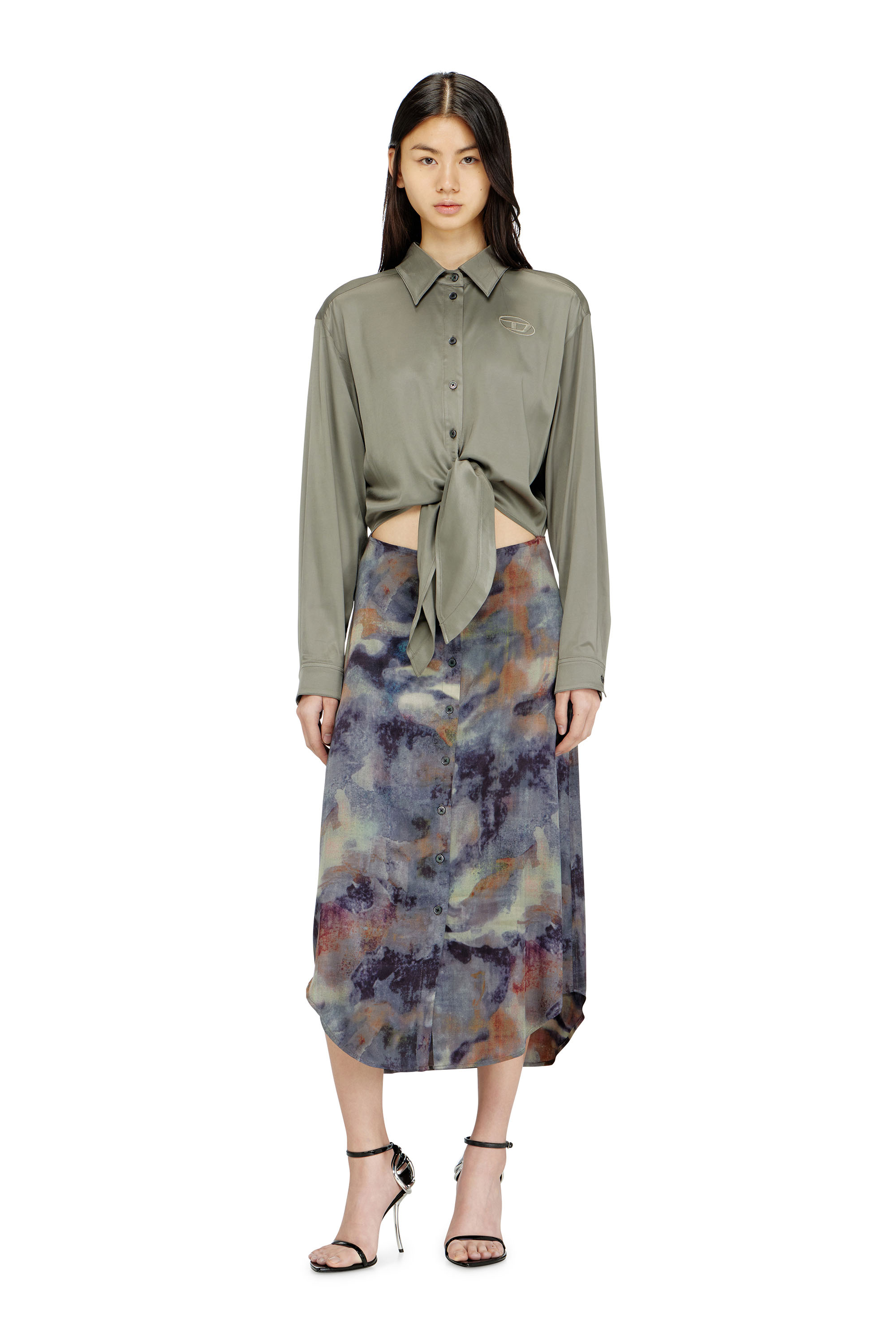 Diesel - D-ELTA, Woman's Satin midi dress with knotted top in Blue/Green - 2