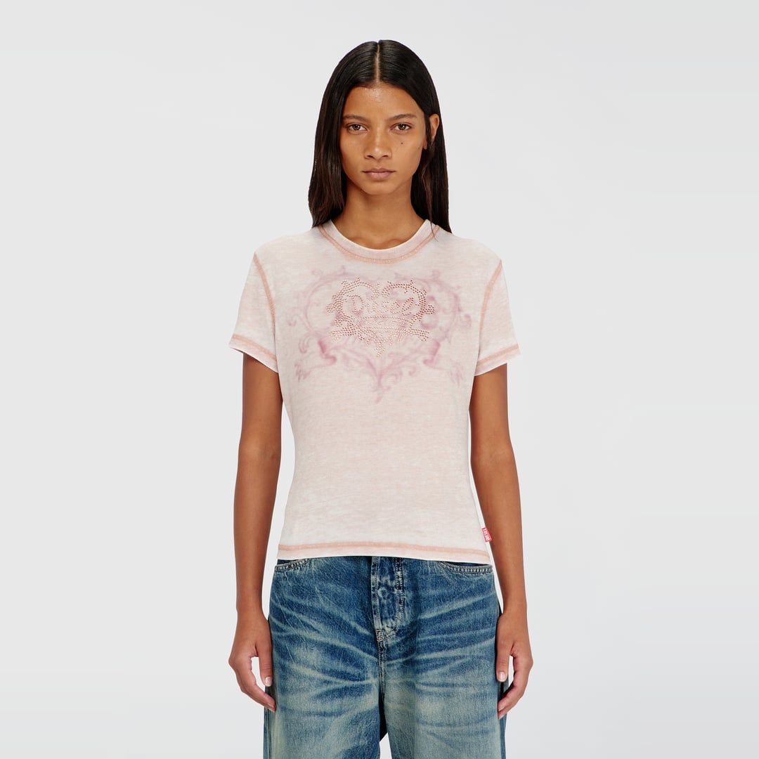 Diesel - Jersey t-shirt with rhinestones and burnout effect - T-Shirts - Woman - Pink
