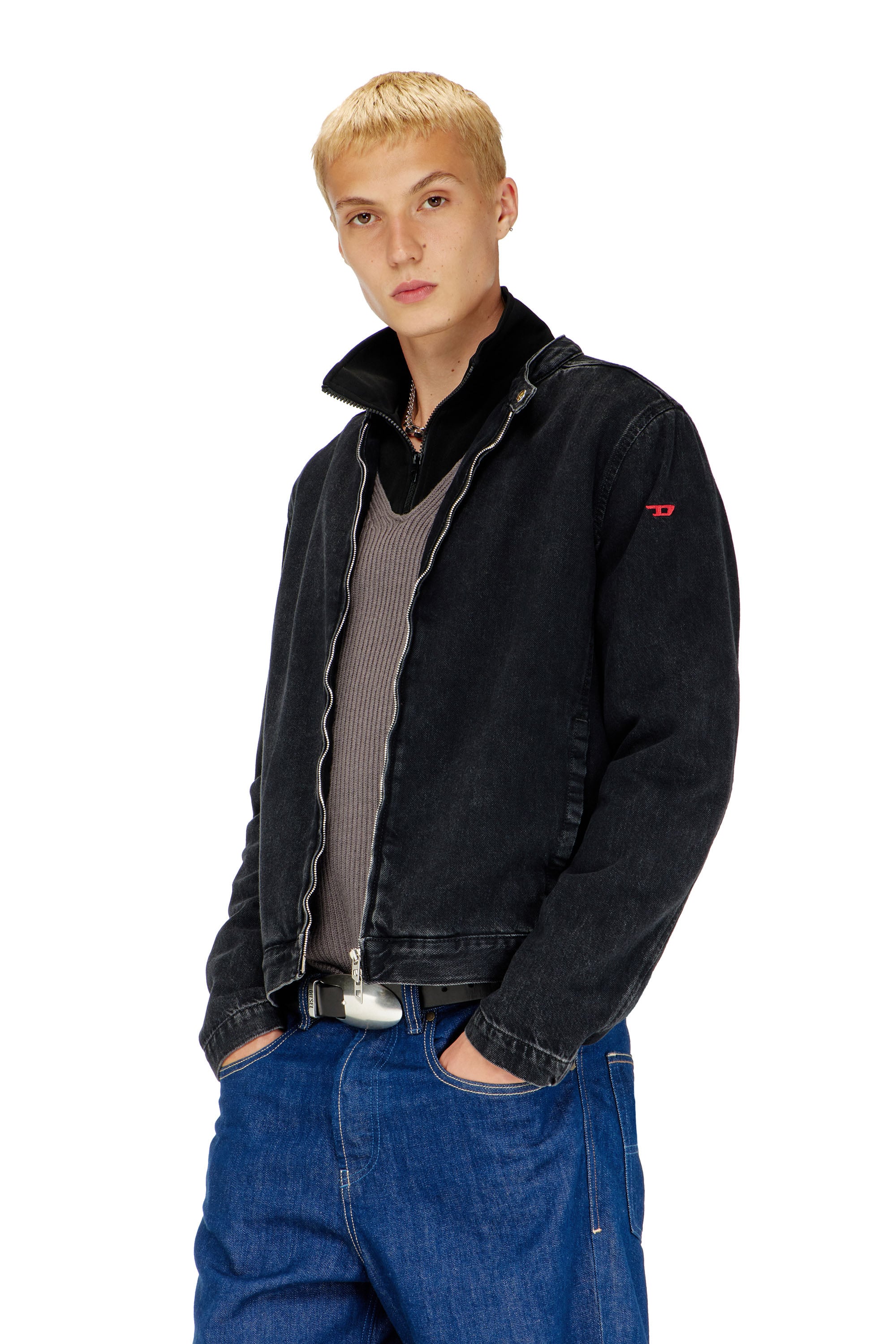 Diesel Herren Schwarz - Bikerjacke Aus Sauber Gewaschenem Denim - Denim Jacken Extra Klein