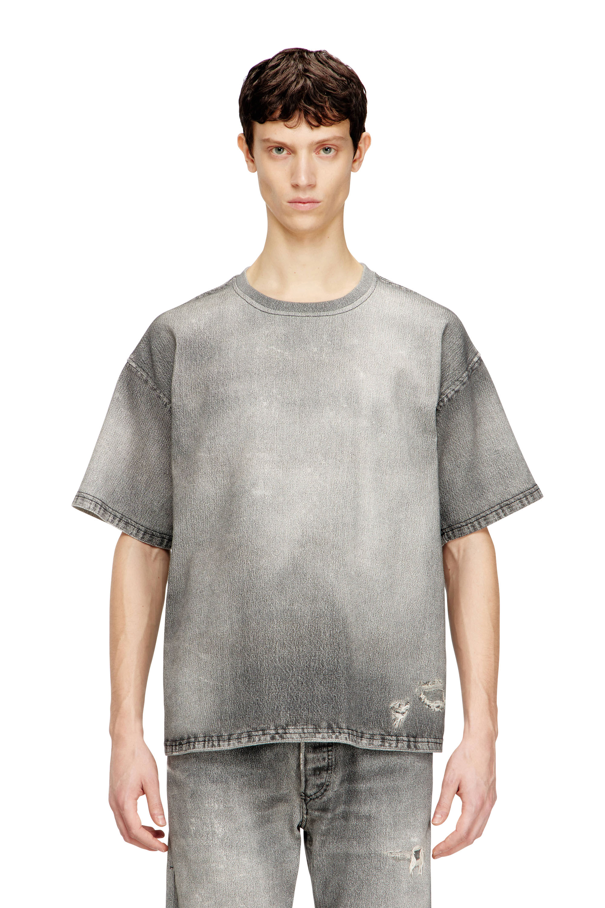 Diesel Men's Grey - Denim T-Shirt With Trompe L'oeil Treated Effect - T-Shirts - Man Extra Large