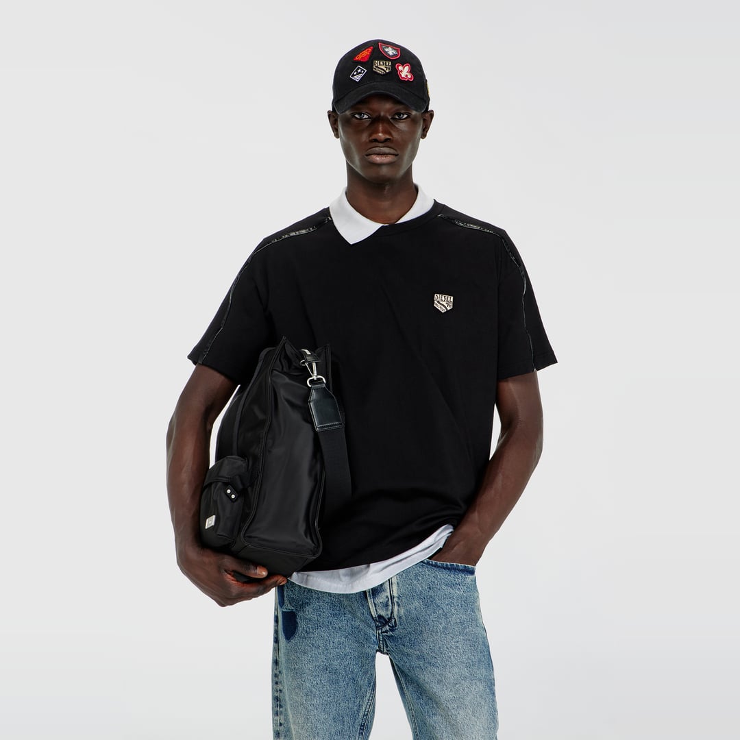 Diesel - T-shirt with contrast trims and logo patch - T-Shirts - Man - Black