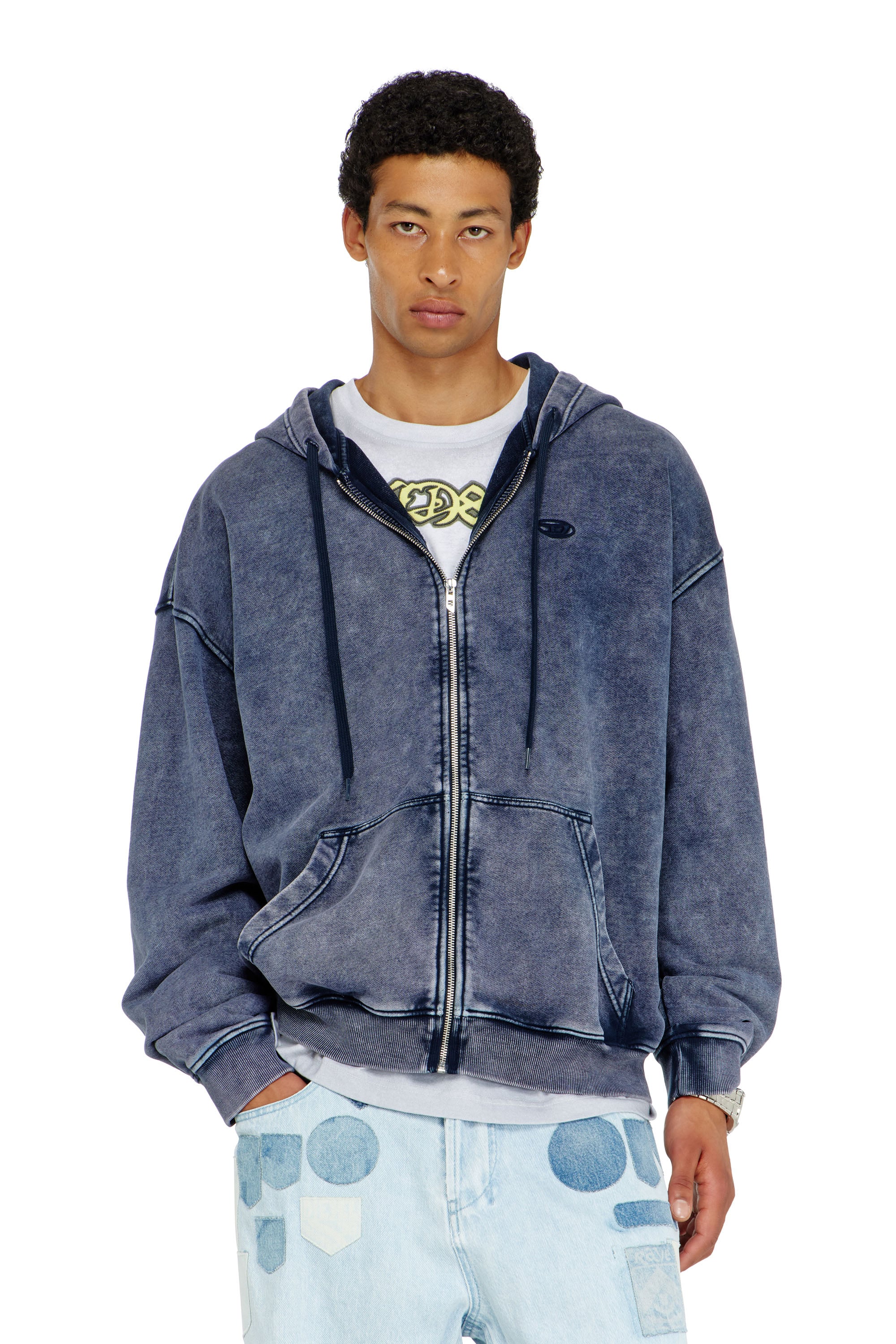Diesel - Zip-up hoodie in treated cotton fleece - Sweaters - Man - Blue