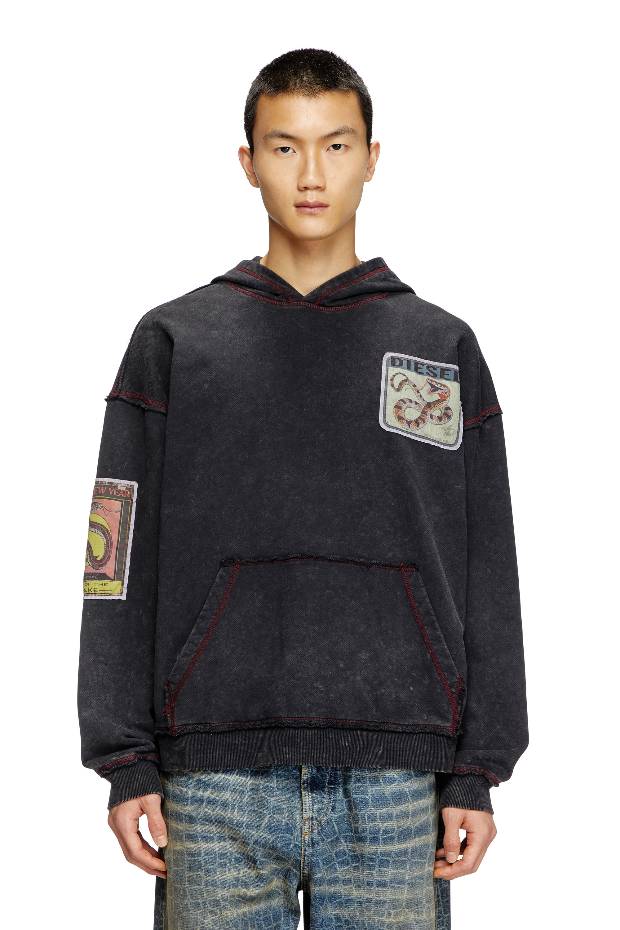 Diesel Treated Hoodie With Snake Patches In Black