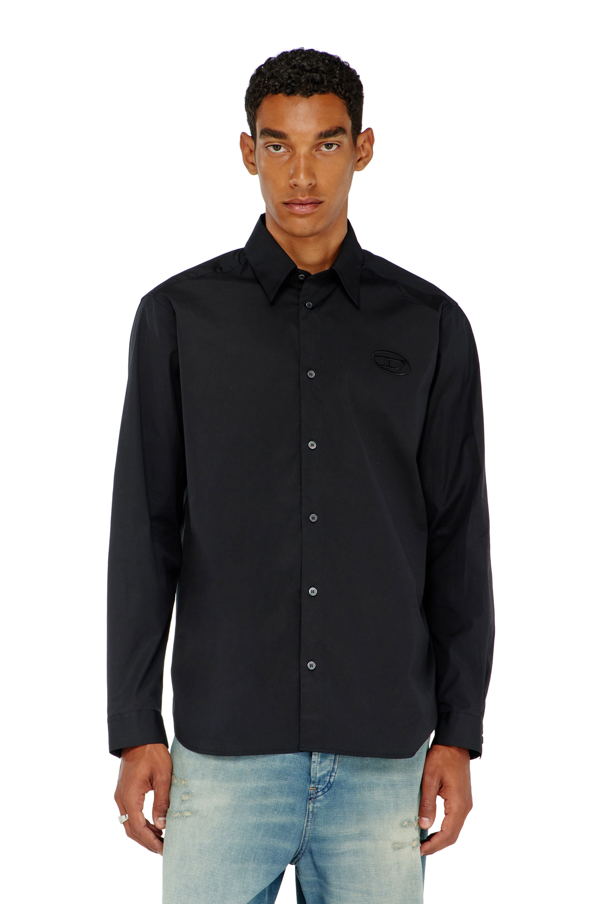 Diesel Mannelijk Zwart - Stretch Poplin Shirt With Embroidery - Shirts - Man Maat 50