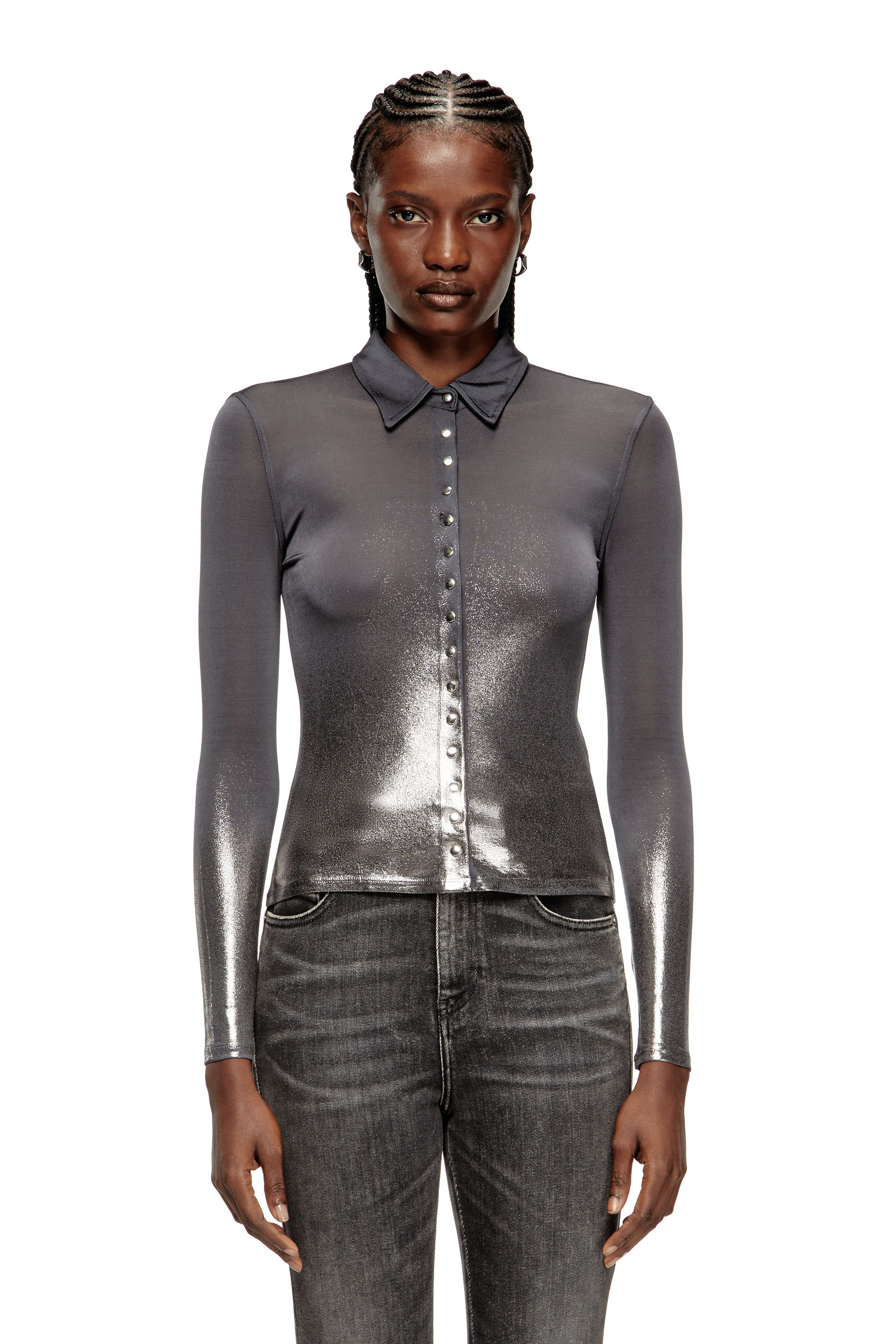 Diesel - C-POL, Woman's Shirt in acetate with buttons and metallic foil in Grey - 1