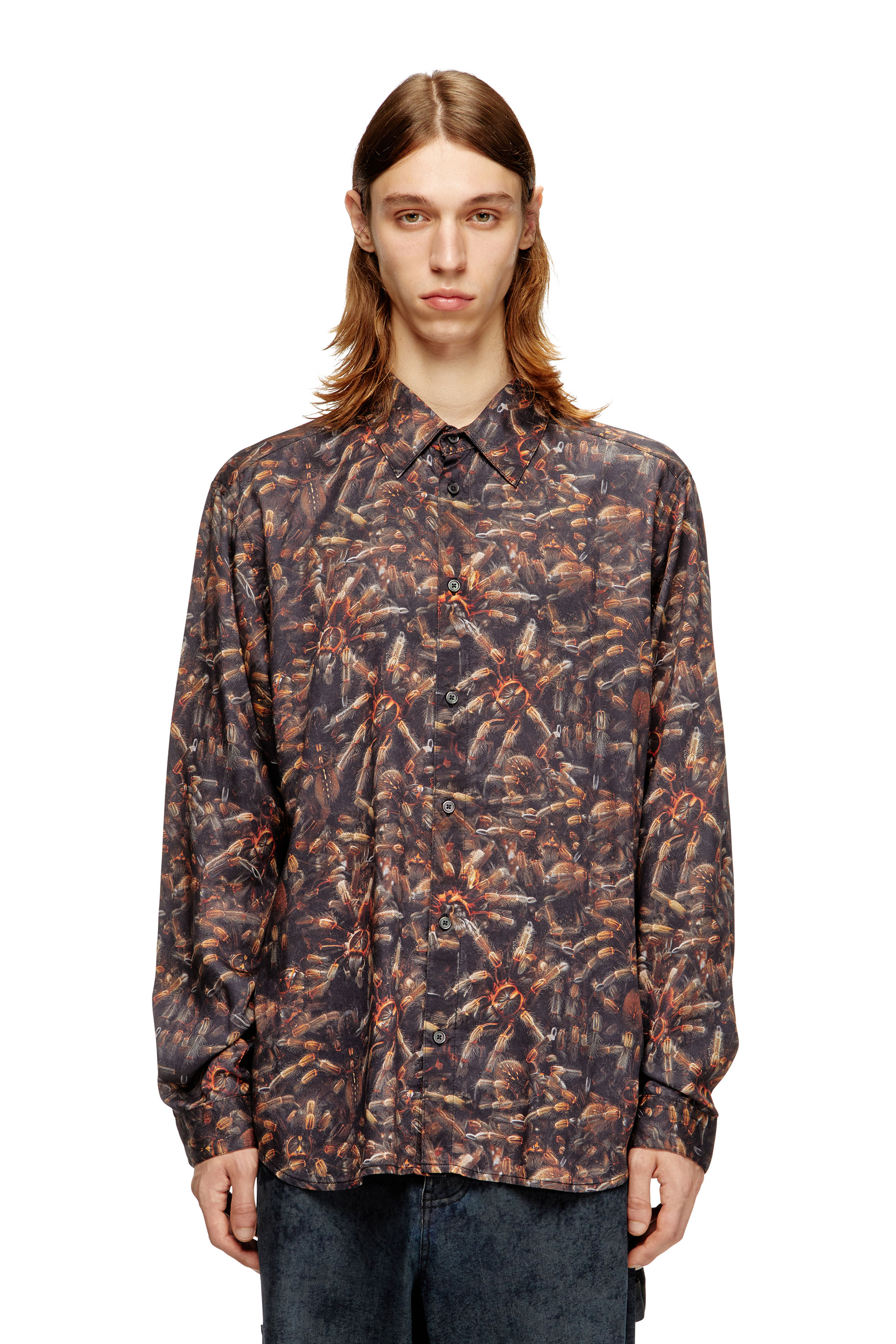 Diesel - S-SIMPLY-SPIDER-PJBK, Man's Lyocell shirt with all-over print in Black/Brown - 1