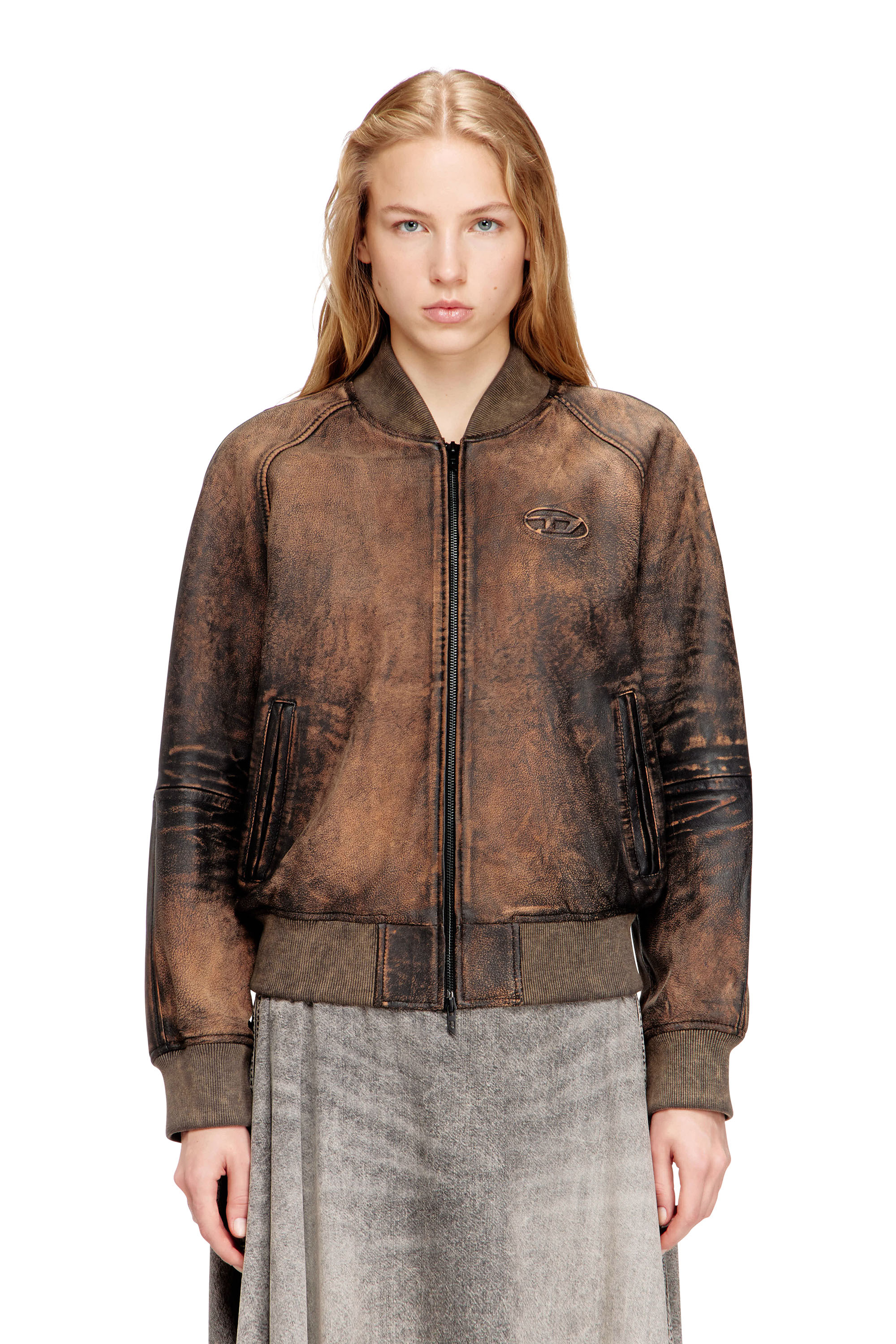 Diesel Women's Brown - Bomber Jacket In Distressed Leather - Leather Jackets - Woman Size 46