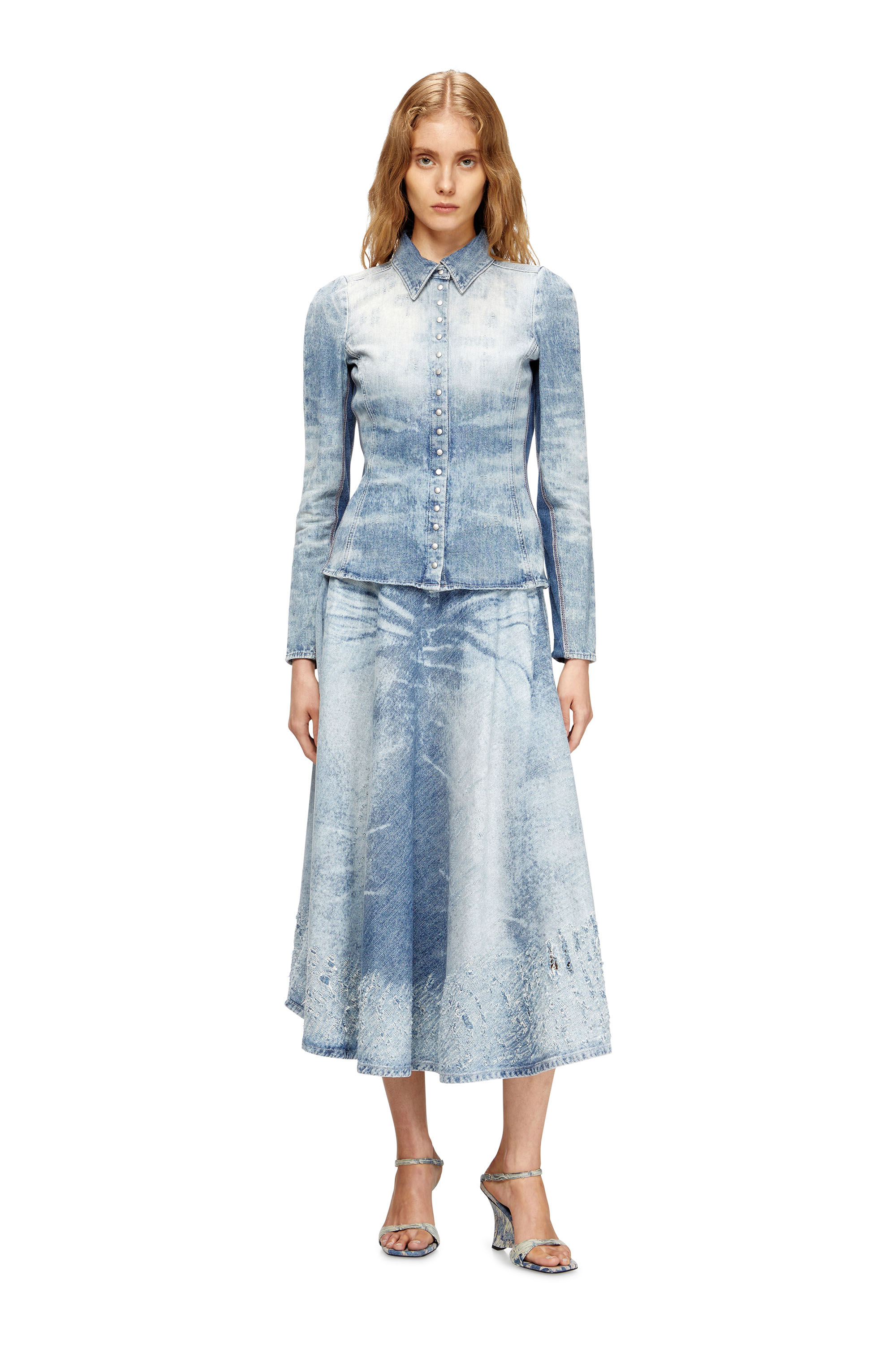 Diesel - DE-MASLY-FSH, Woman's Shirt in distressed honeycomb denim in Light Blue - 1