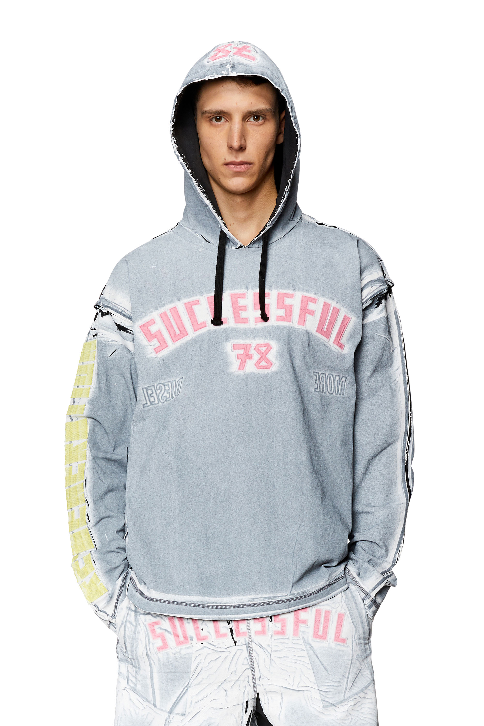 Diesel - Printed hooded top with logo appliqués - T-Shirts - Man - Multicolor