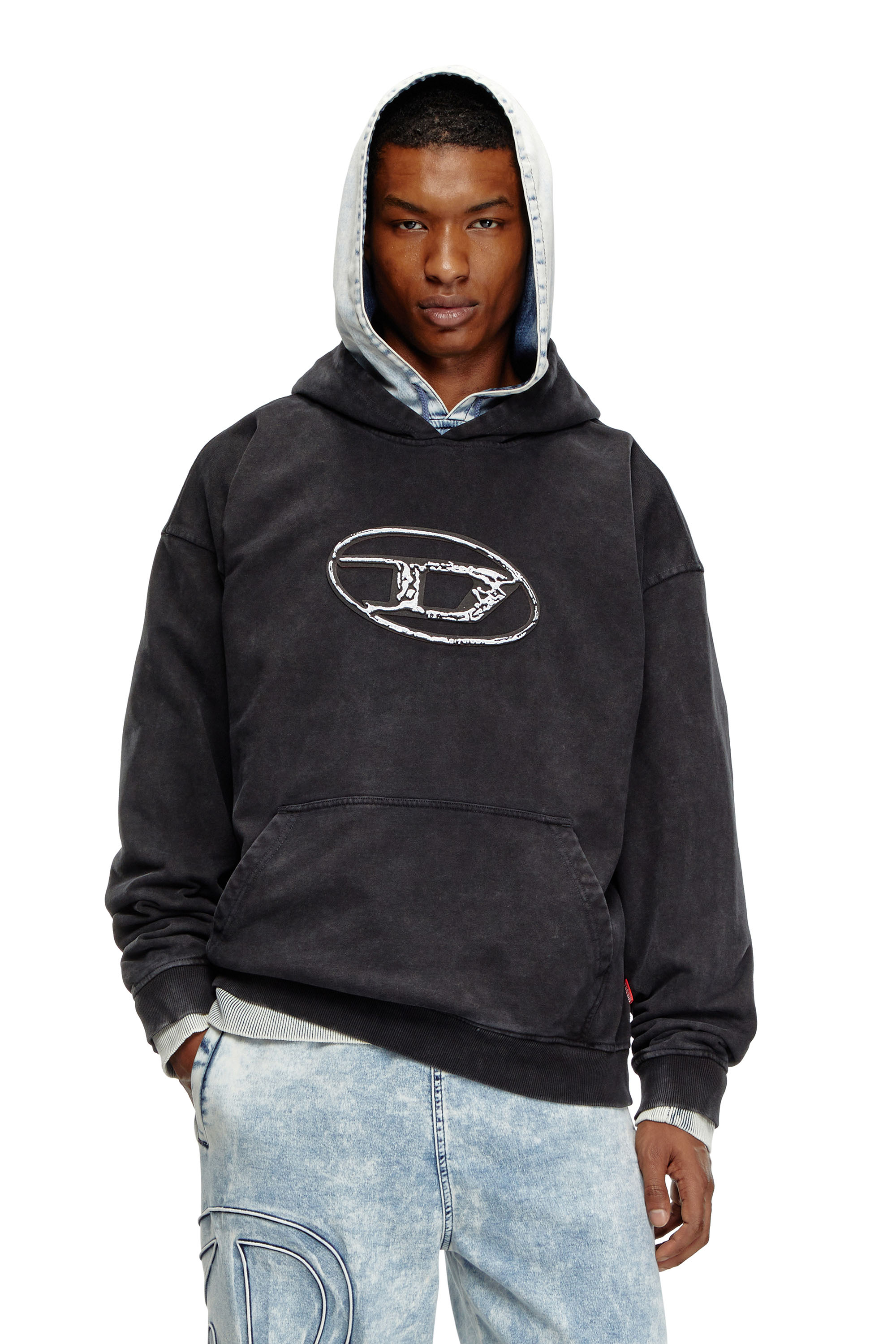 Diesel - Sudadera con capucha con estampado del logotipo de varias capas - Sudaderas - Hombre - Negro